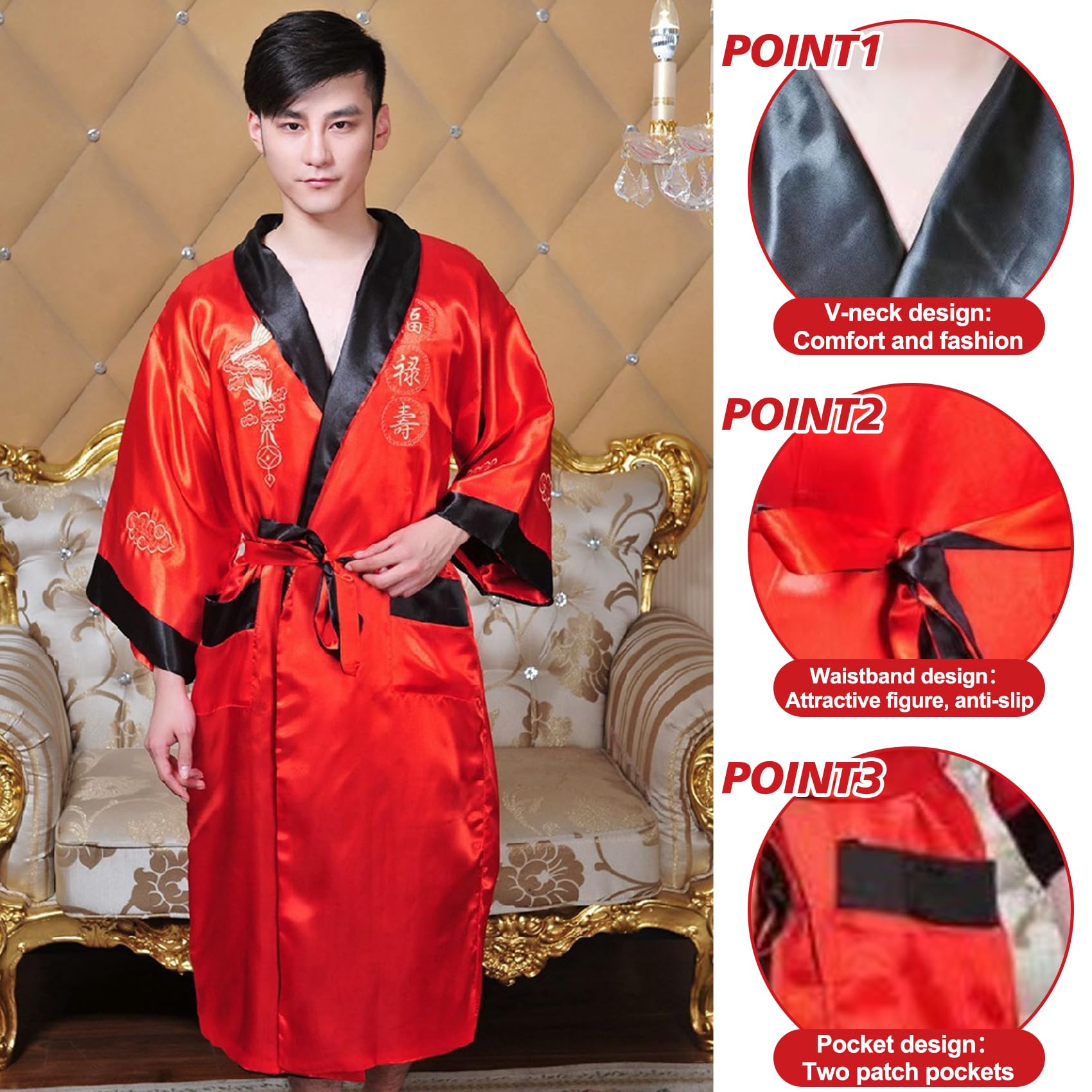 Herren-Kimono, Seide, wendbar, Seide, Bademäntel, chinesischer Drache, Kimono für Herren, mit Gürtel