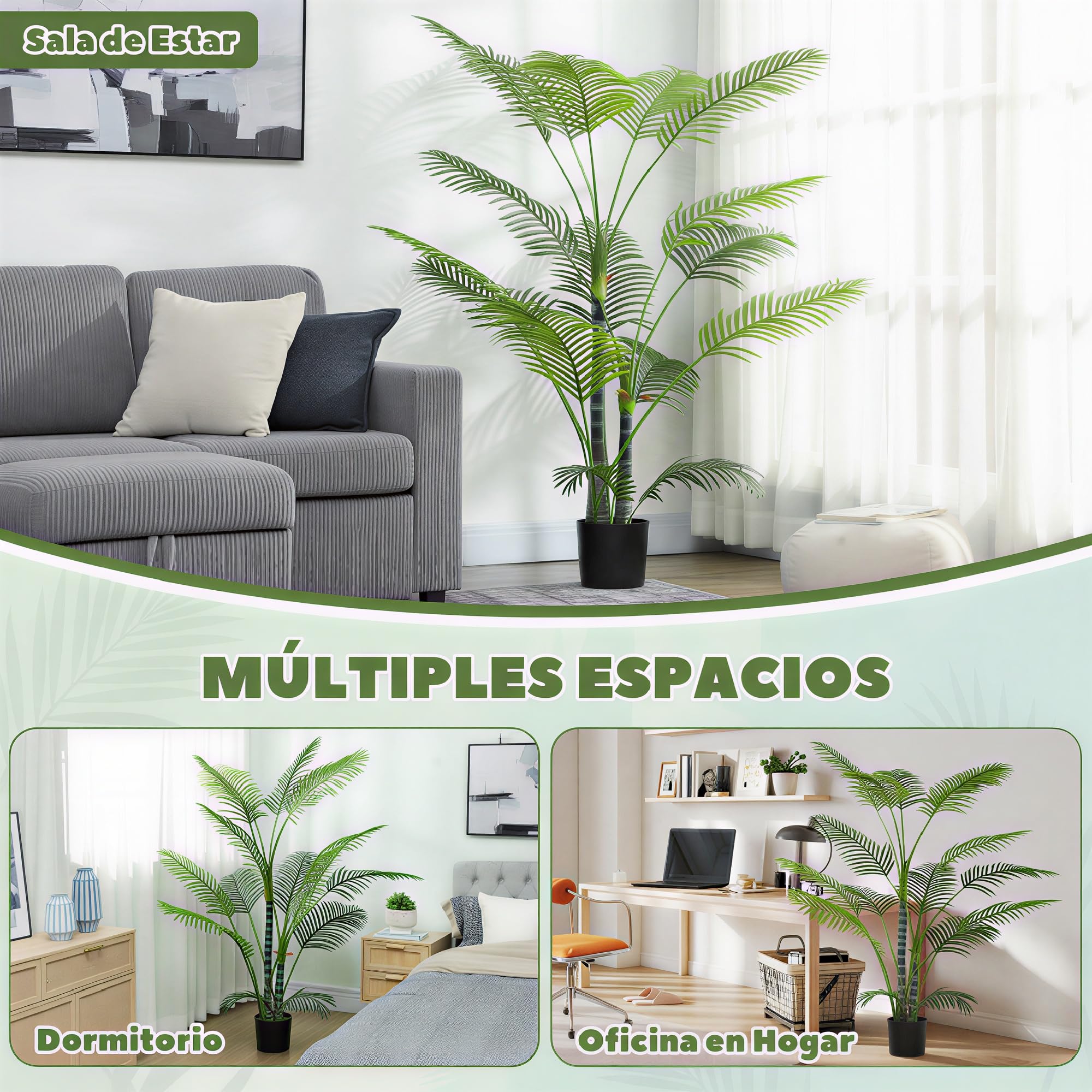 HOMCOM Planta Artificial Decorativa de 170 cm Palmera Artificial con Maceta y Hojas para Salón Oficina Hogar Interior Verde