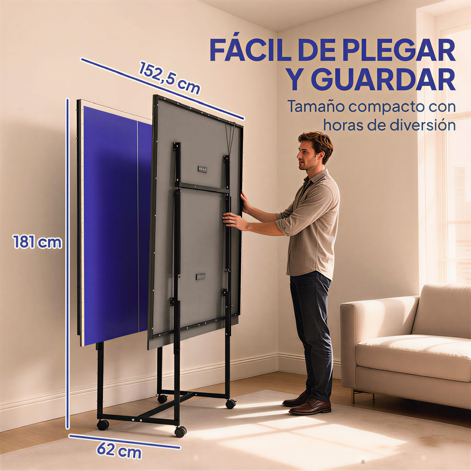 SPORTNOW Mesa de Ping-Pong Profesional Plegable con 4 Ruedas, Red, 2 Palas y 3 Pelotas 274x152,5x75,5 cm Azul