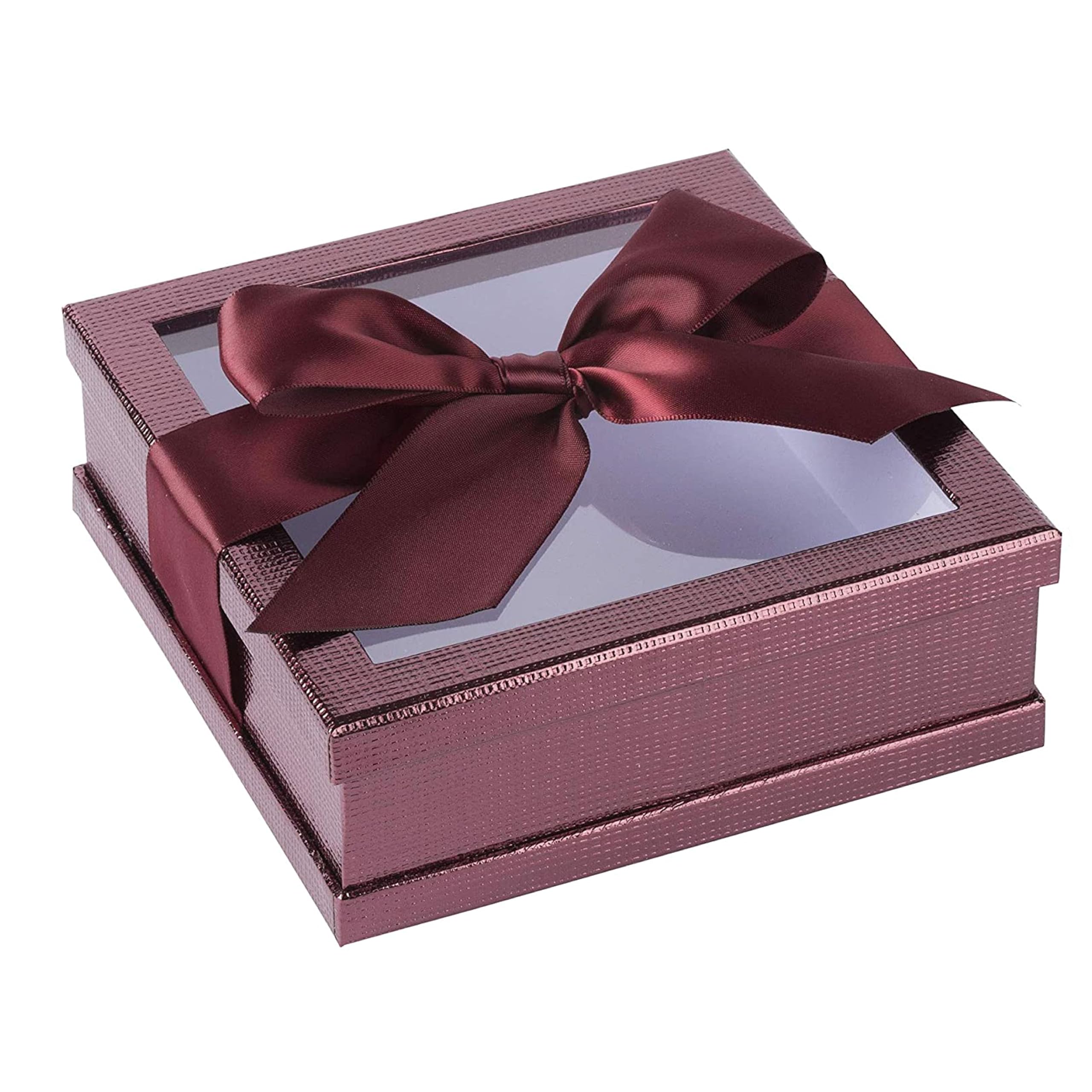 Hammont Clear Boxes for Gifts - Premium Clear Gift Box - Clear Cake Box - Gift Box with Window for Treats, Cupcakes & Baked Goods | 7"x7"x2" (Maroon)