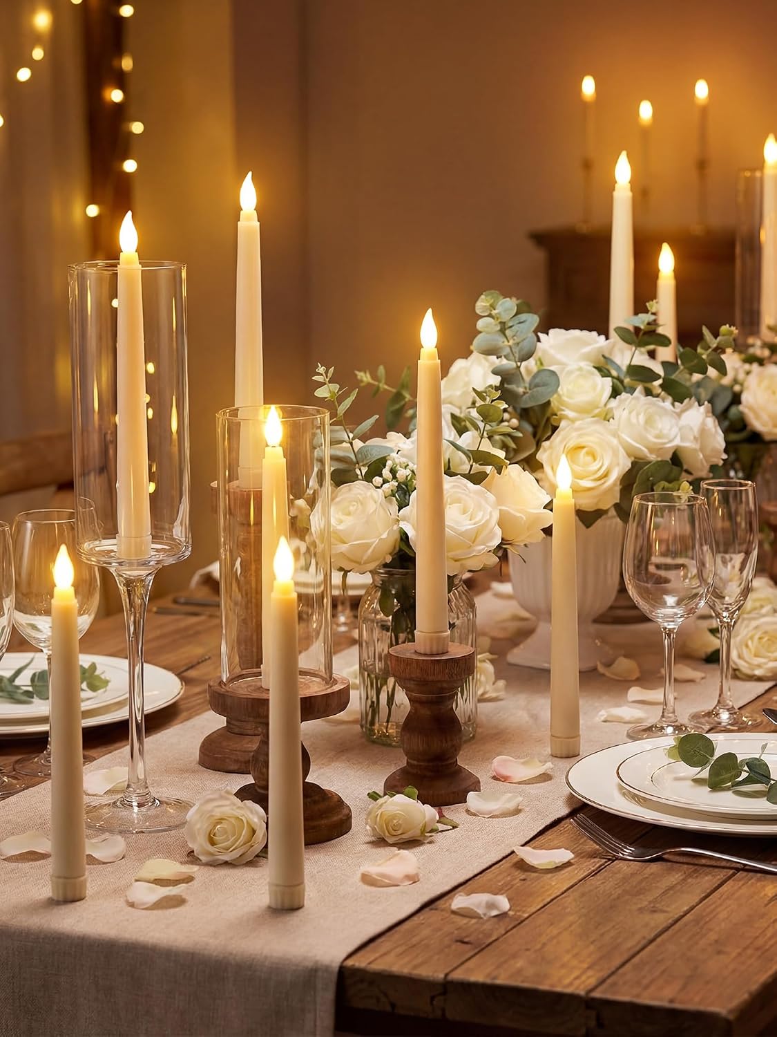 Treela 24 Pcs Flameless Taper Candles Battery Operated Bulk Fake Candles Light LED Candle Sticks Flickering Tapered for Easter Wedding Anniversary Decoration(Basic,8 Inch,Ivory)
