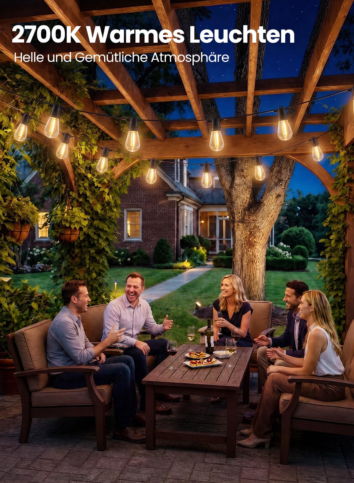 Lichterkette Außen 45M, LED Lichterkette Outdoor, Wasserdicht IP65, 45+3 S14 Plastik Birne Lichterketten Glühbirnen für Aussen Garten Terrasse Party Hochzeit, 2700K Warmweiß
