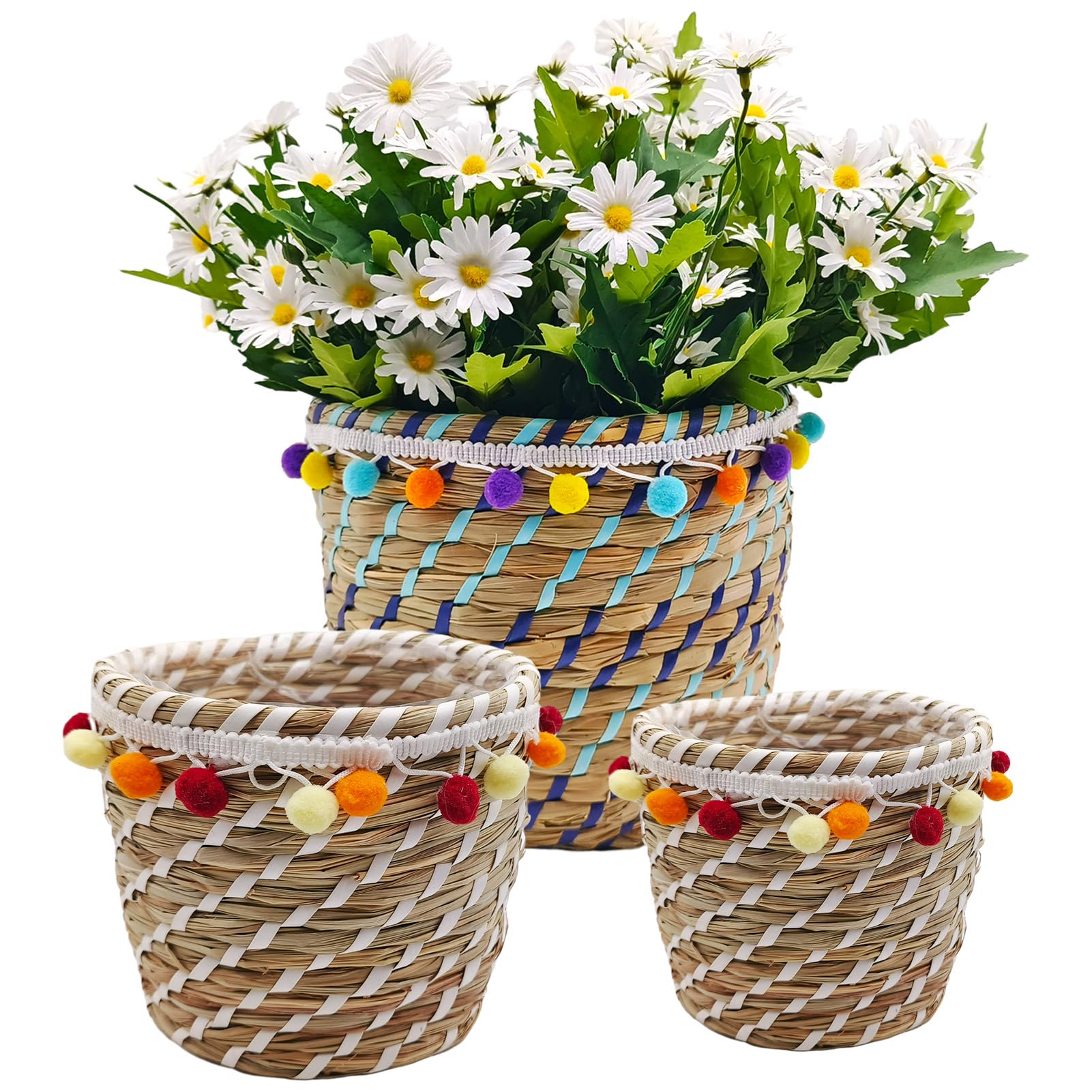 Lot De 3 Caches Pots En Jonc De Mer - Paniers Décoratifs Naturels Avec Doublure étanche (18cm, 22cm, 25cm)