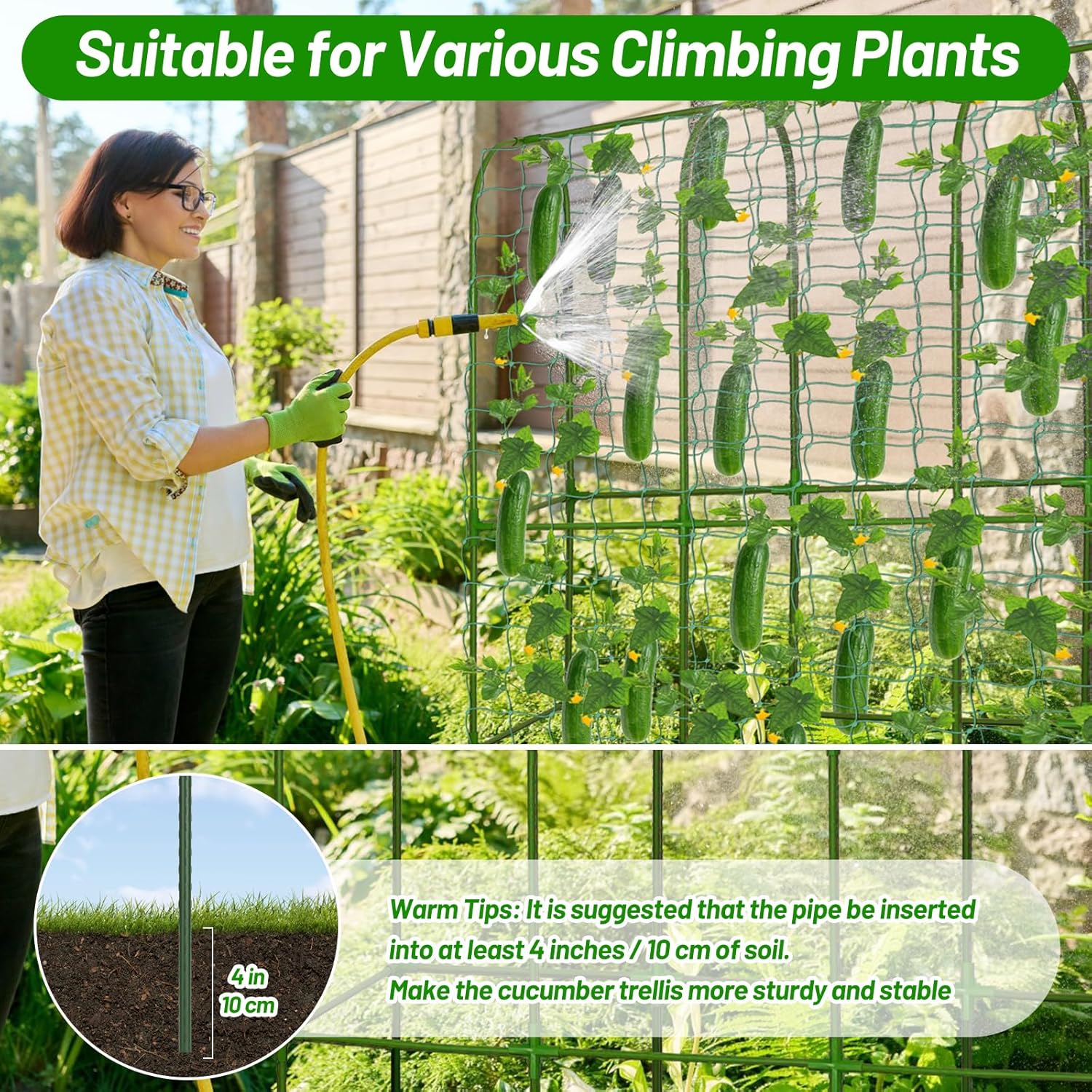 U-Shape Cucumber Trellis with Fabric Raised Garden Bed 65x50 Inch Metal Garden Arch Trellis with Net, Climbing Plants Vegetables Heavy-Duty Outdoor Plant Support for Pea, Grape, Squash, Tomatoes