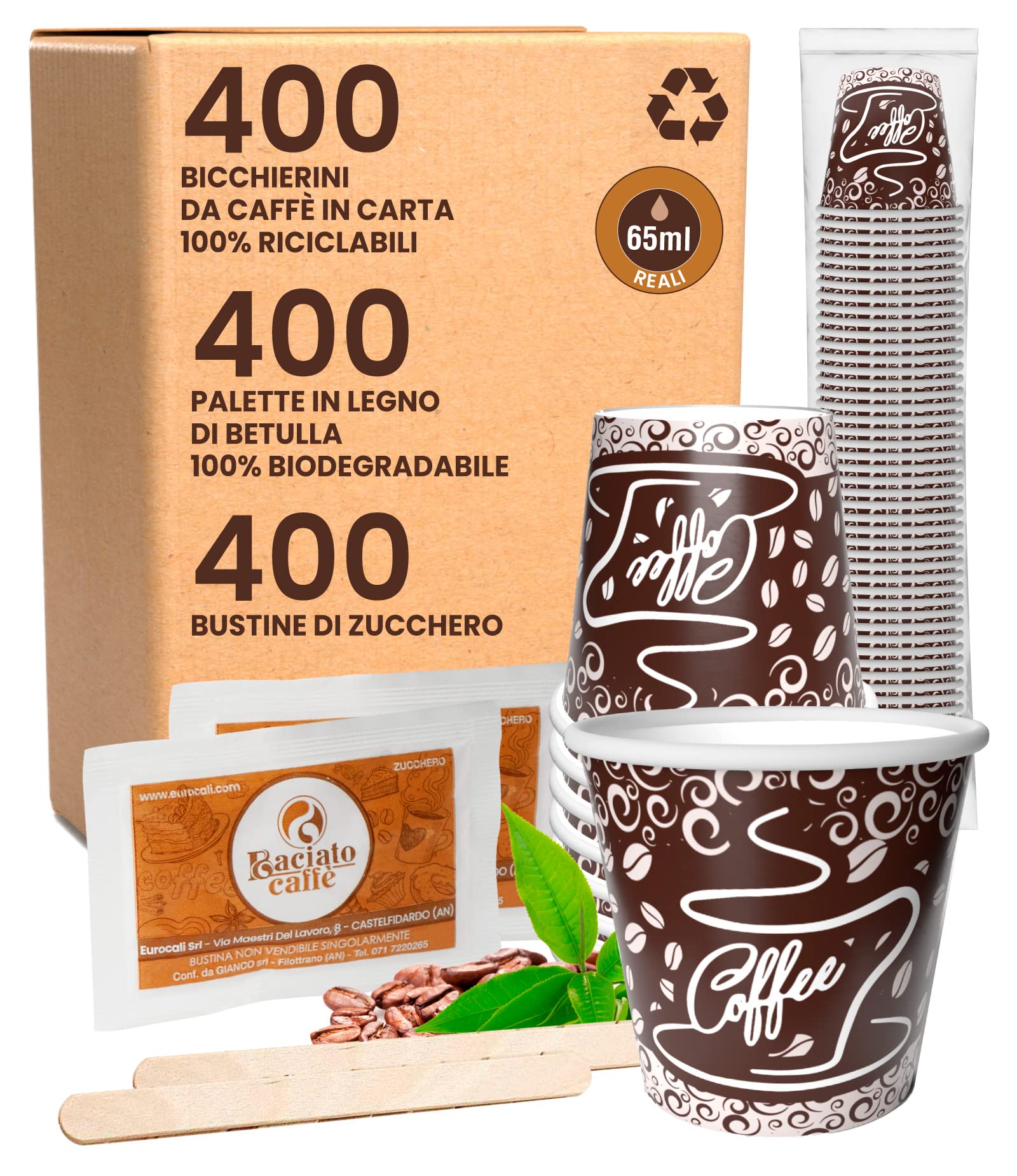 Baciato Caffè 400 Vasos de Cartón para Café Vasos Desechables Ecológicos de 65ml + 400 Sobres de Azúcar + 400 Paletas de Madera de Abedul Compostable Selladas Individualmente