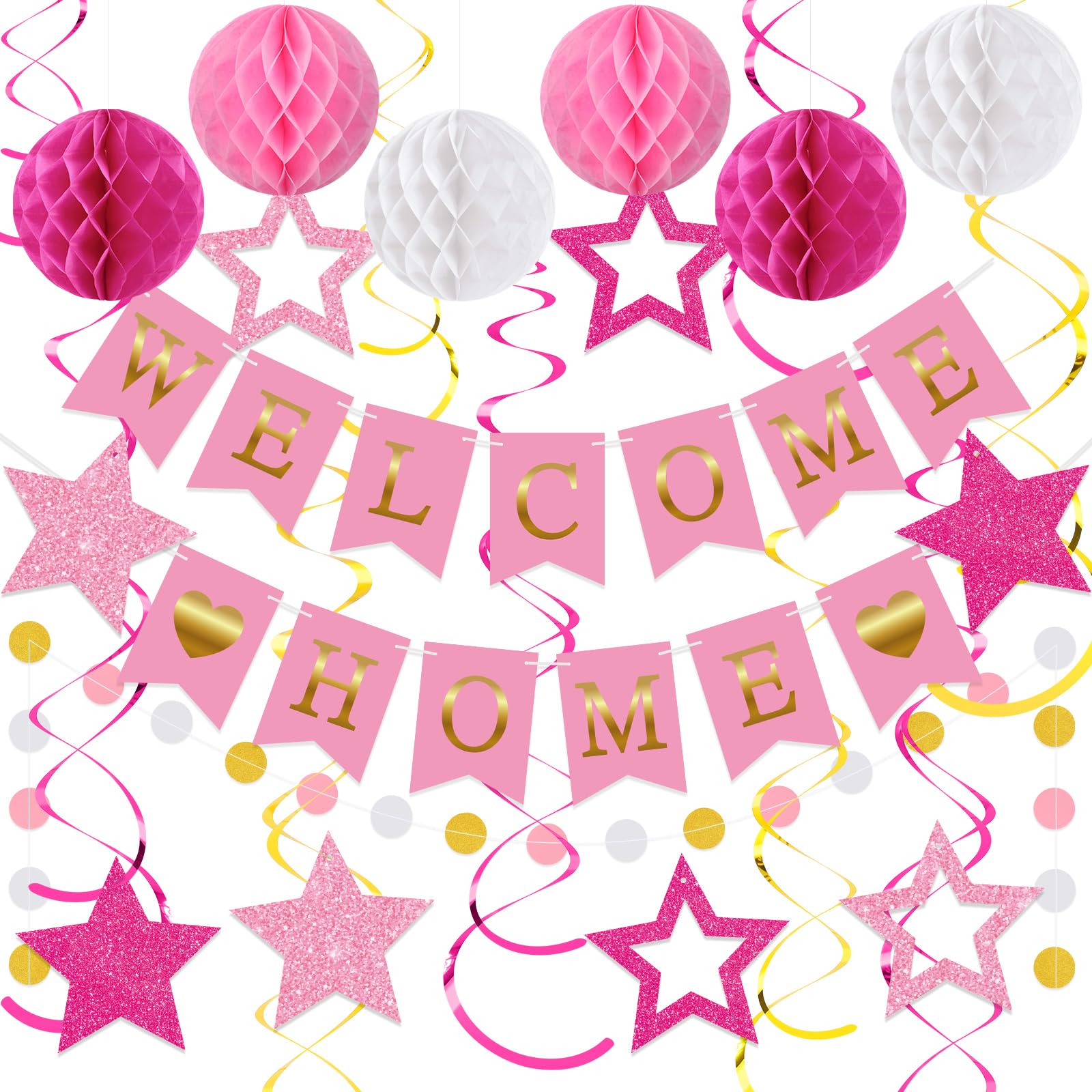 Arrowbash Welcome Home Decorations Welcome Home Banner with Glitter Stars Hanging Swirl Streamers,Honeycomb Balls,Circle Dots Garland,Welcome Home Sign for Homecoming Party Decor Supplies (Pink)