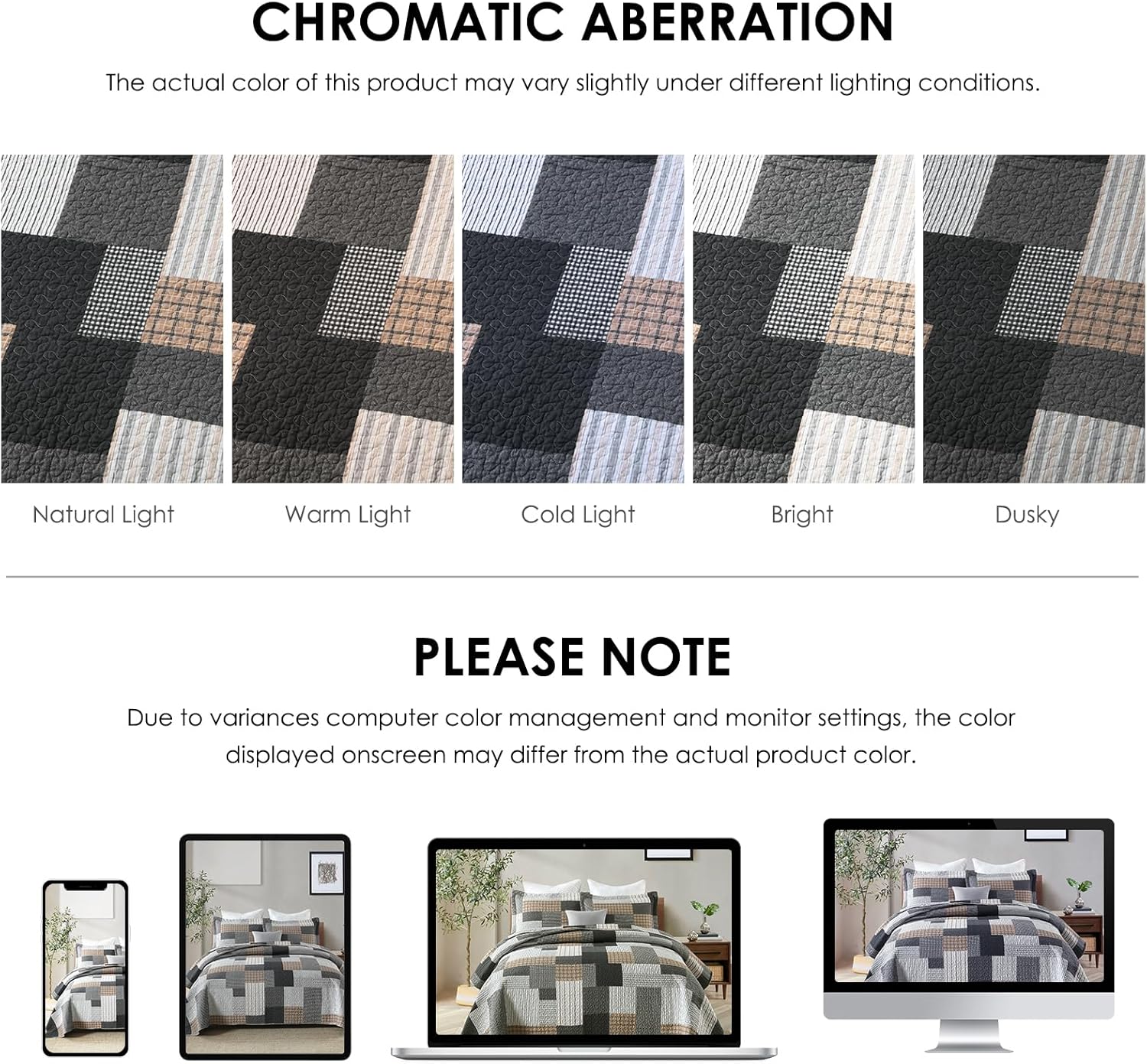 Plaid Quilts Queen Size - 3 Pieces Quilt Set - 100% Cotton Farmhouse Quilt Bedspread Bedding Set for All Season - Reversible Lightweight Comforter Set - Brown/Black/Gray/White