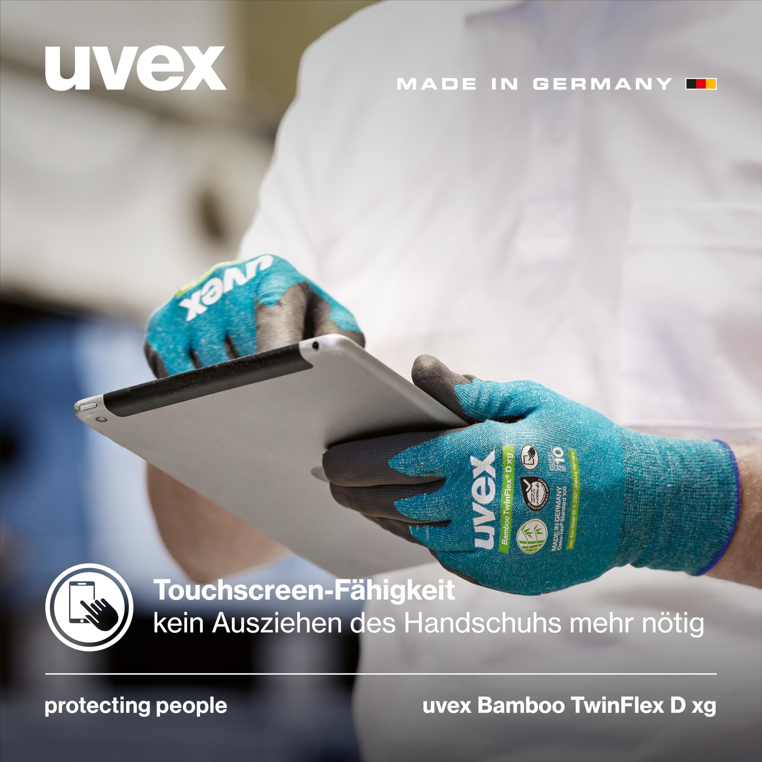 Uvex Bamboo TwinFlex D xg, 1 para rękawic chroniących przed przecięciem i przyczepnością do suchych i wilgotnych/tłustych obszarów - zrównoważone i wytrzymałe - zielone, czarne - rozmiar 09/L