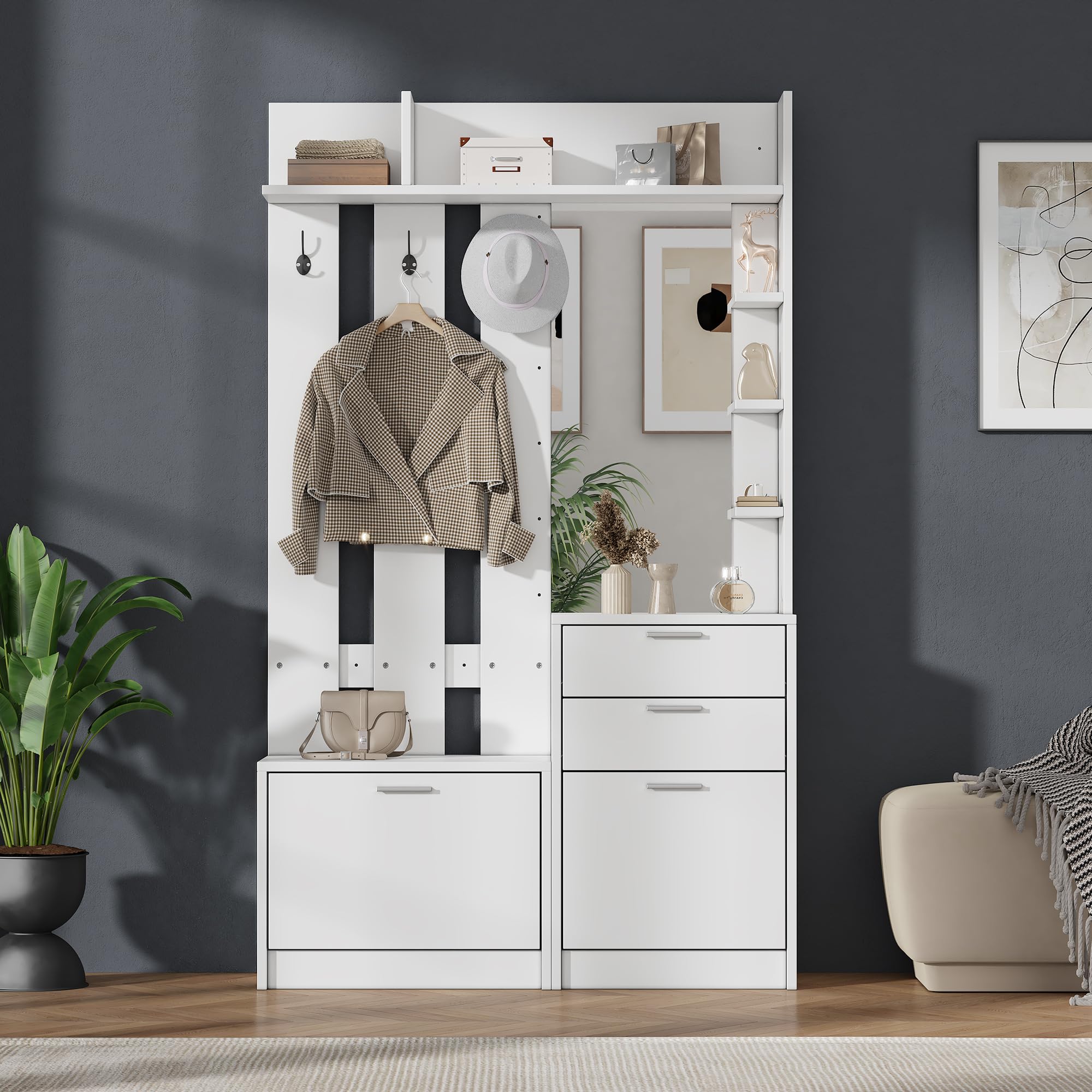 Garderobenset Wandgarderobe, Flurgarderobe Set mit Klapp Schuhschrank und Schuhbank, Flurgarderobe Kompaktgarderobe mit 2 Schubladen, Regalböden und 3 Haken, Flurmöbel Set, Weiß, 110x34x185cm