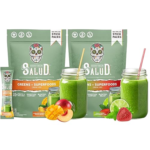 Salud - Paquete de 2 paquetes de mezcla de bebidas verdes 2 en 1 en polvo + superalimentos, durazno mango y fresa lima, 15 porciones cada una, más