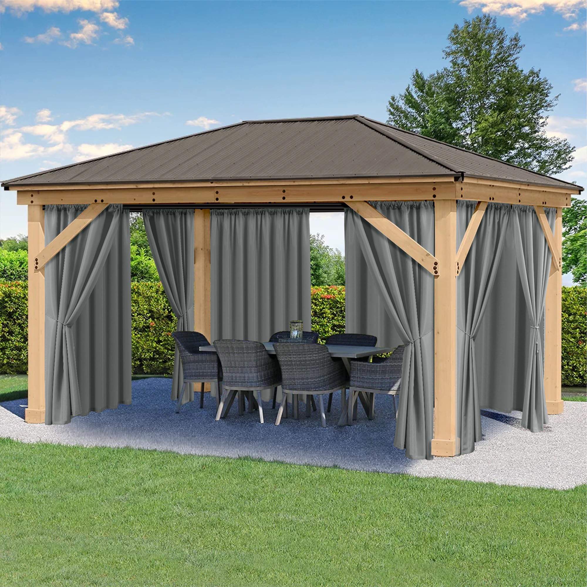 HolidayIdeas Outdoor Patio Curtains Waterproof with Rod Pocket 8 Panels 54x84 Inch- Protect Privacy Balcony Outdoor Curtains for Apartments,Porch, Gazebo, Pergola, Sliding Glass Door, Grey