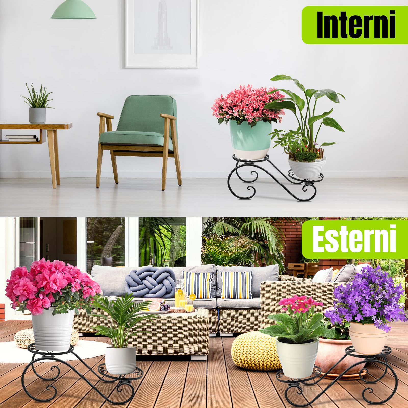 Confezione da 2 supporti per piante per interni ed esterni, 2 ripiani, altezza 68,6 cm, in metallo, supporto per vasi da fiori, resistente alla