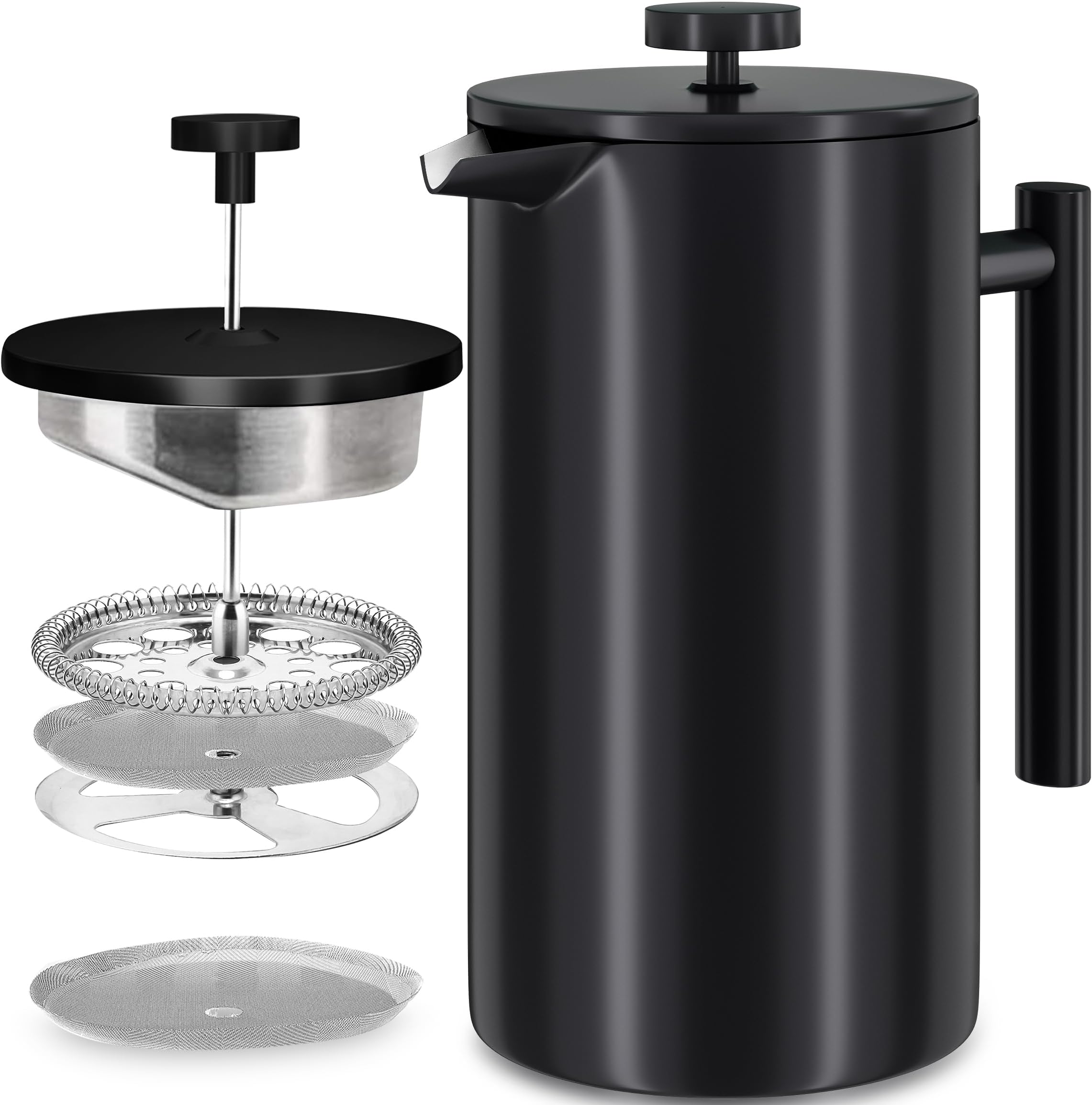 KICHLY Stainless Steel French Press - Double Wall Coffee Press - Stainless Steel Plunger Coffee & Tea Maker Silver, 1.0 Litre (1 Piece)