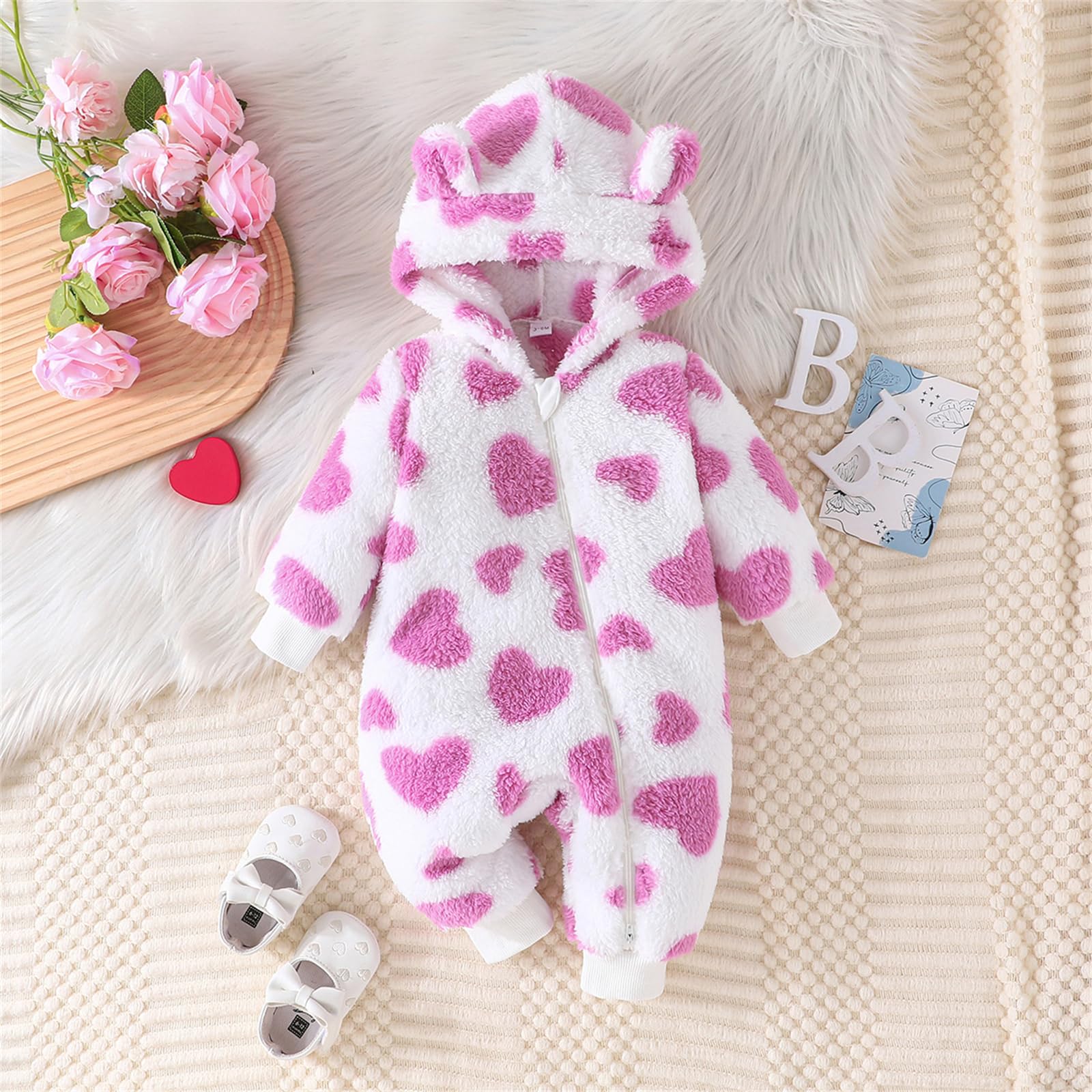Vêtements pour nouveau-nés Combinaison de neige ourson Combinaison une pièce à capuche en polaire pour bébé (Violet, 6-9 Mois)