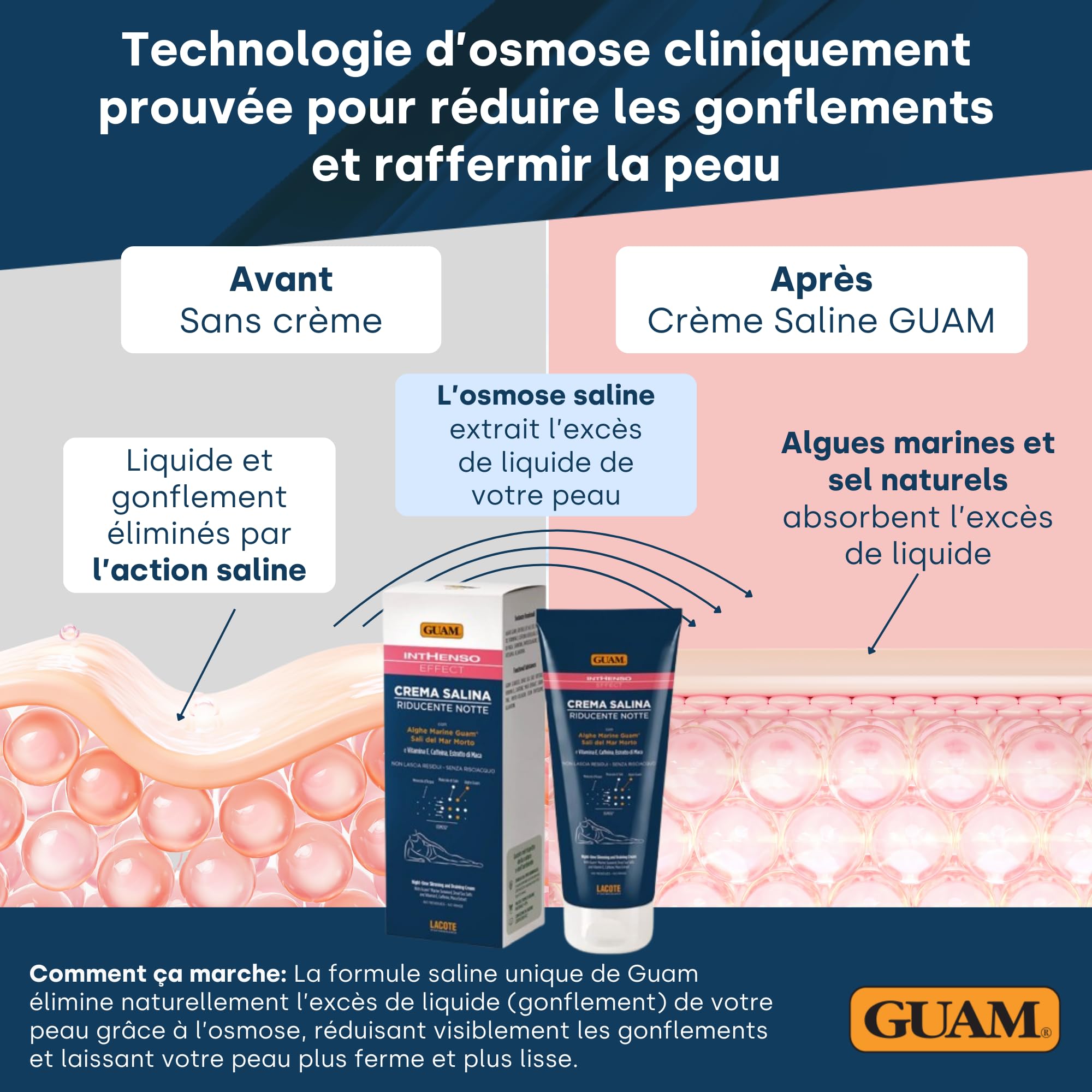 GUAM Crème Anti-Cellulite aux Algues pour Femmes avec Vitamine E, Caféine et Extrait de Maca - 200ml Traitement Salin Réducteur Nuit Intensif - Crème Raffermissante, Amincissante et Drainante Corps