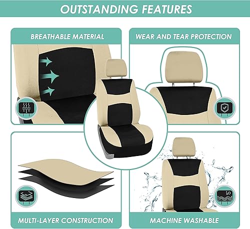 Miniatura 8 de FH Group Light & Breezy - Juego de fundas de tela plana para asiento delantero de automóvil , color beige y negro
