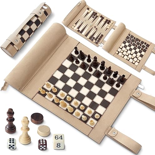 Woodronic Juego de backgammon de ajedrez magnético, juego de ajedrez magnético 3 en 1 para adultos, juego de mesa de gamuza portátil enrollable para