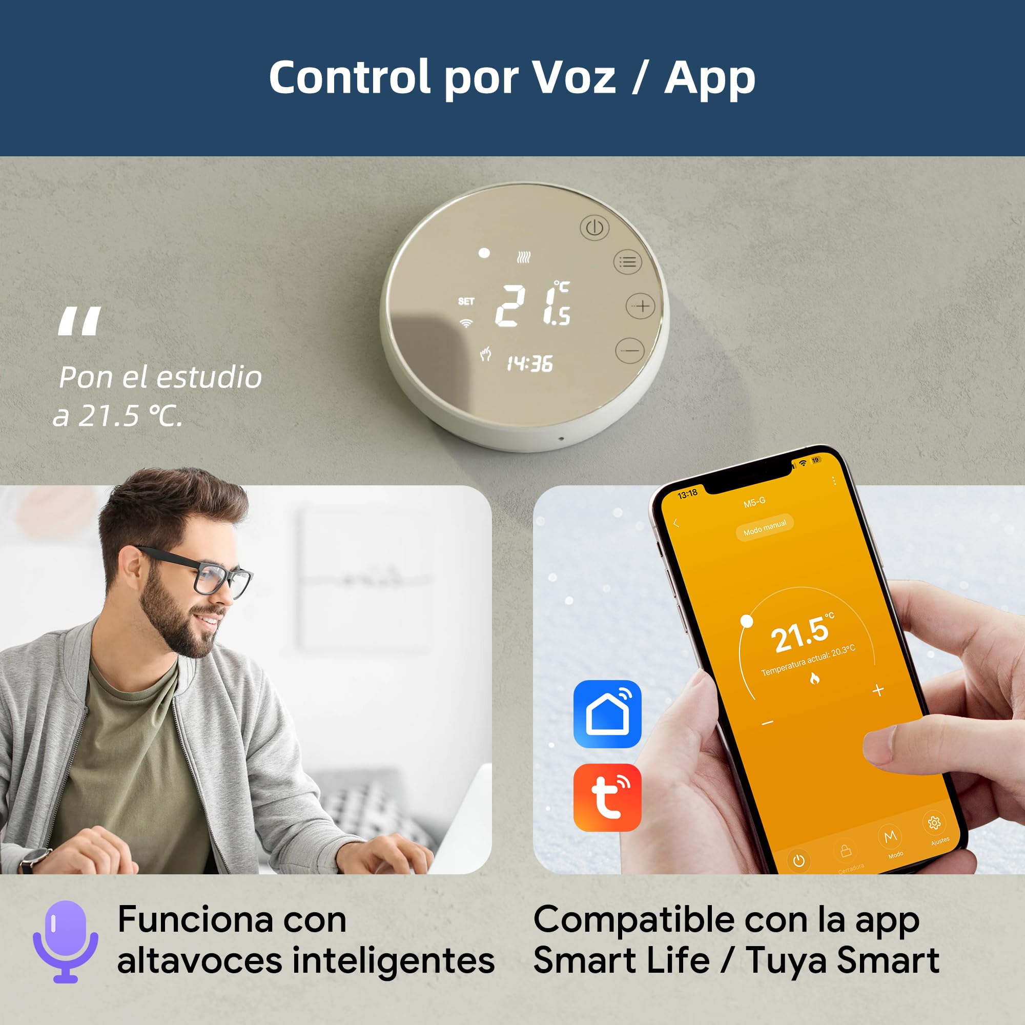 Termostato Wi-Fi para calderas de calefacción, con programación semanal y función de Control por Voz. Compatible con Google Assistant y Alexa, Compatible con la aplicación Tuya/Smart Life. TGR86 220V