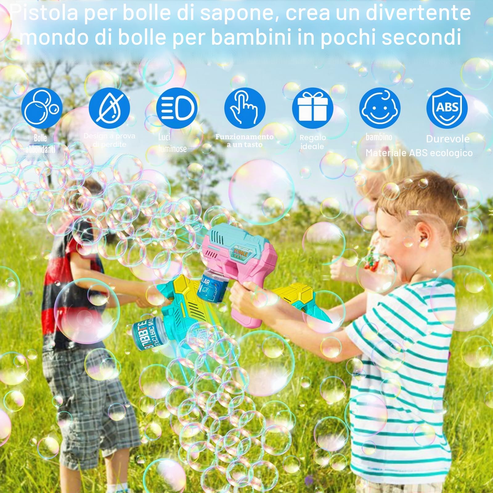 Pistola a Bolle per Bambini, 2 Pcs Macchina Automatica per Bolla di Sapone 10000+ Bolla/Min, Giocattoli a Sapone con Luce LED, 440ml Liquido Incluso, Feste Estive all'aperto Regalo Nozze