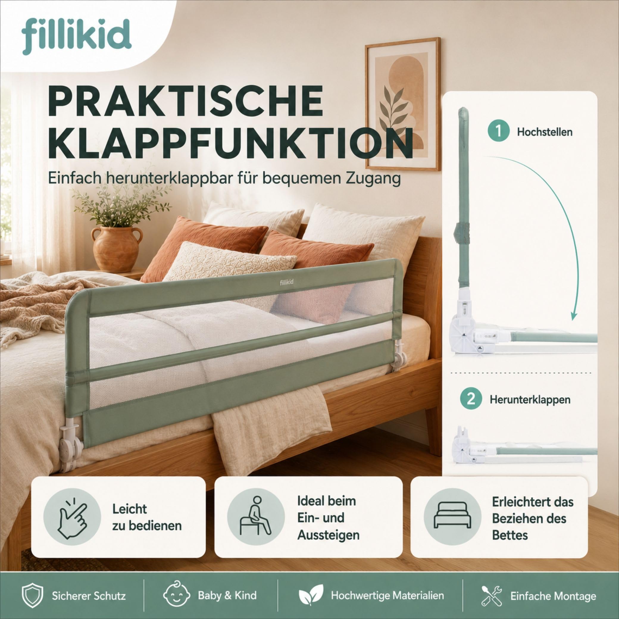 Fillikid Bettgitter Lina XL 180 x 50 cm Exklusiv | Rausfallschutz Bettschutzgitter für Kinderbett & Boxspringbett | Kinder Schutzgitter klappbar | Extra lang | Seitenschutz fürs Bett