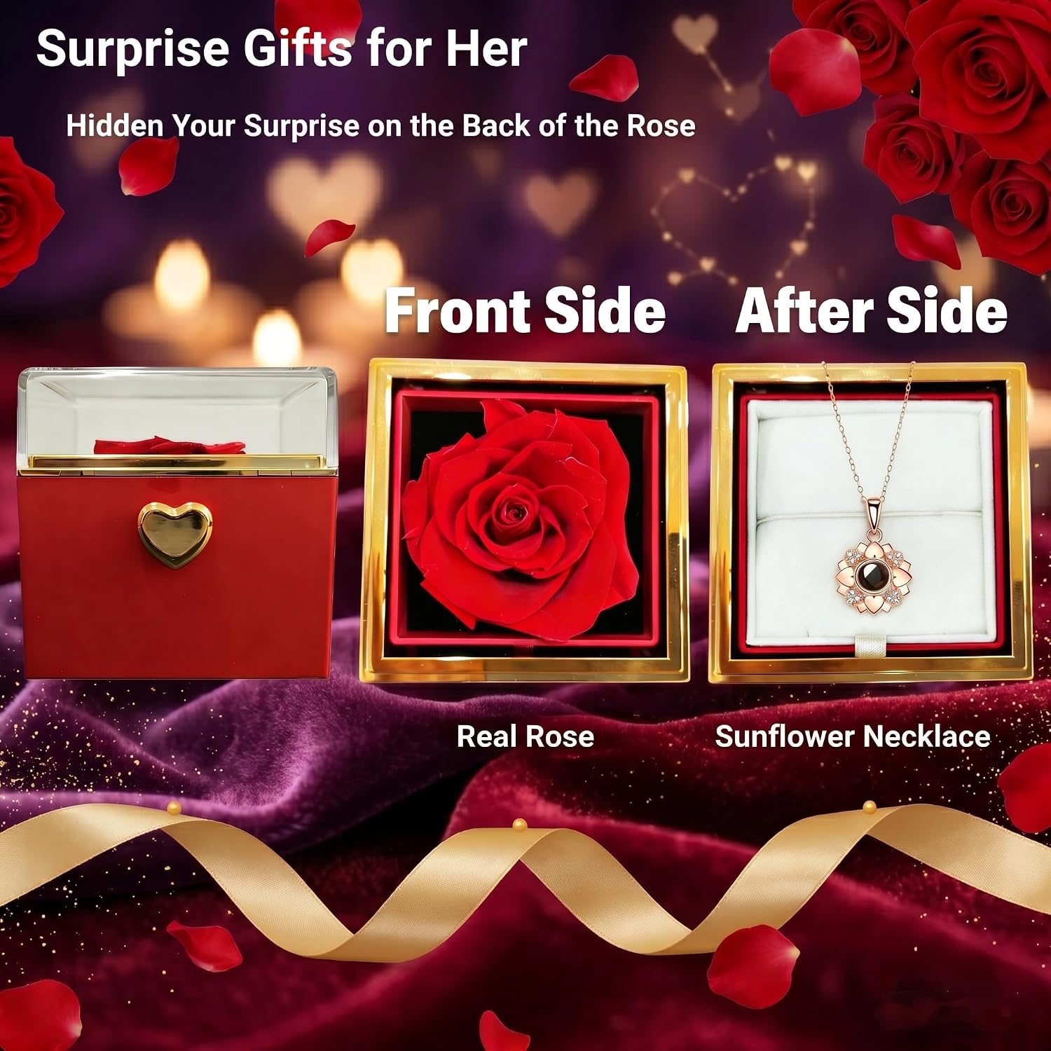 GUCHO Preserved Real Red Rose with I Love You Necklace in 100 Languages – Eternal Artificial Flower Gift for Women, Mom, Wife, Girlfriend, Grandma
