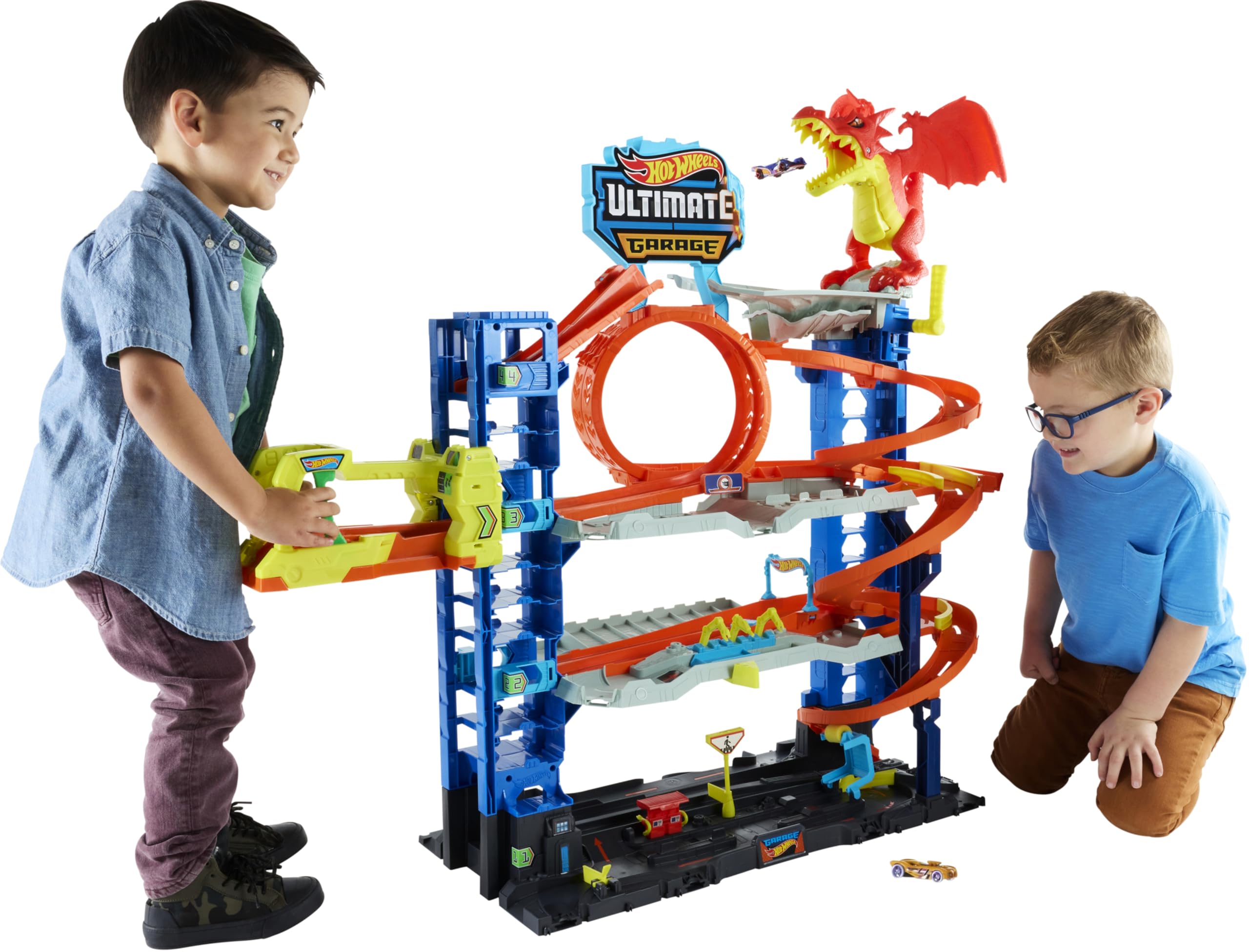 Hot Wheels City Ultimate Garage Track Set with 2 Die-Cast Toy Cars & Car-Eating Dragon, Stores 50+ Vehicles, 4 Levels