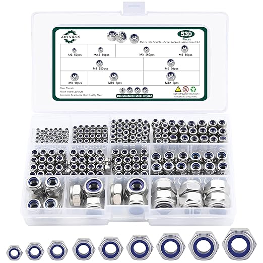 Metric Nylon Insert Lock Nut Assortment Kit, 530PCS Stainless Steel Standard Thread Nylock Nuts Set for Bolt M2-M12