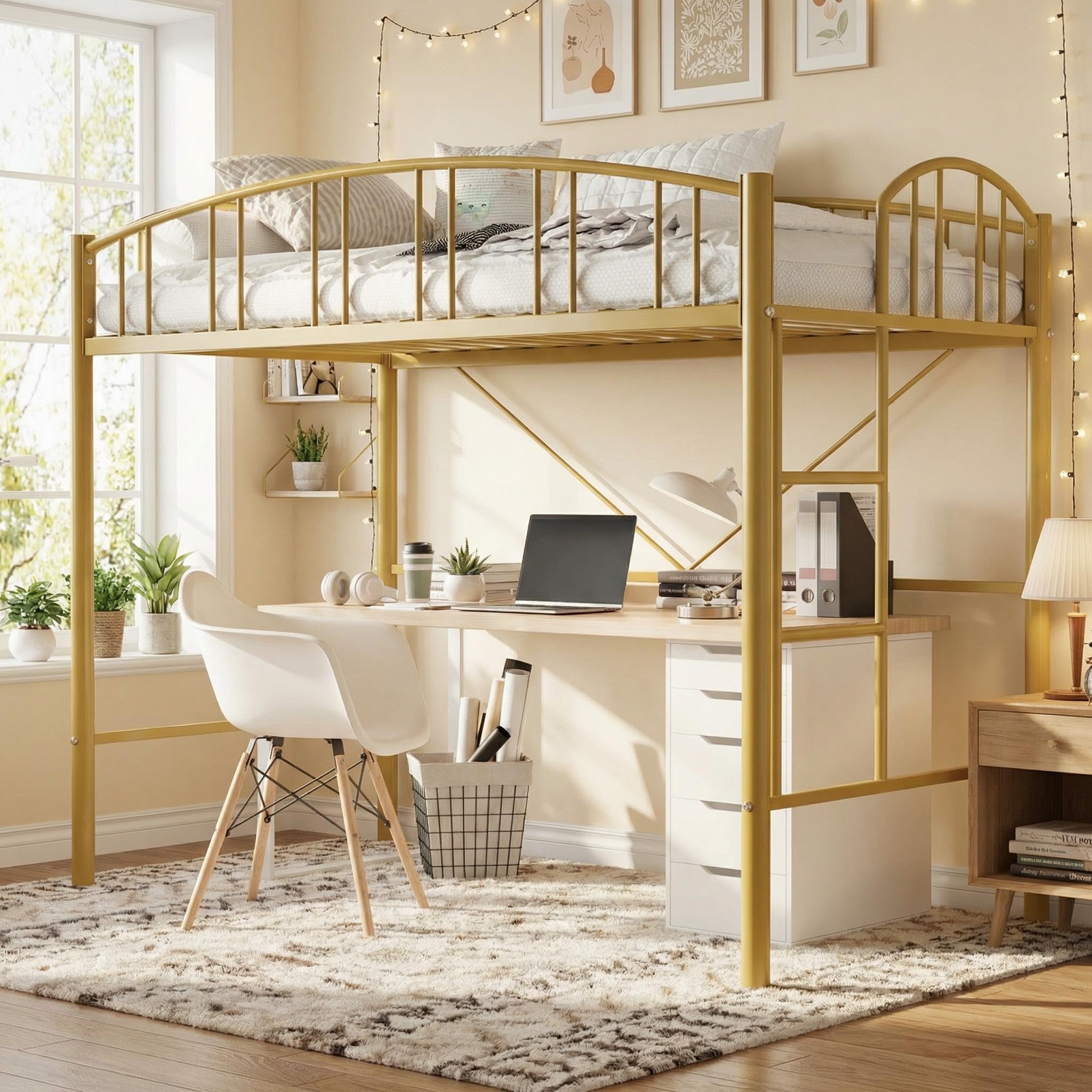 IDEALHOUSE Loft Bed Twin Size with Ladder and High-Arched Guardrail, Sturdy Metal Slats, Space-Saving Design, Modern Decor Style, Easy Assembly, No