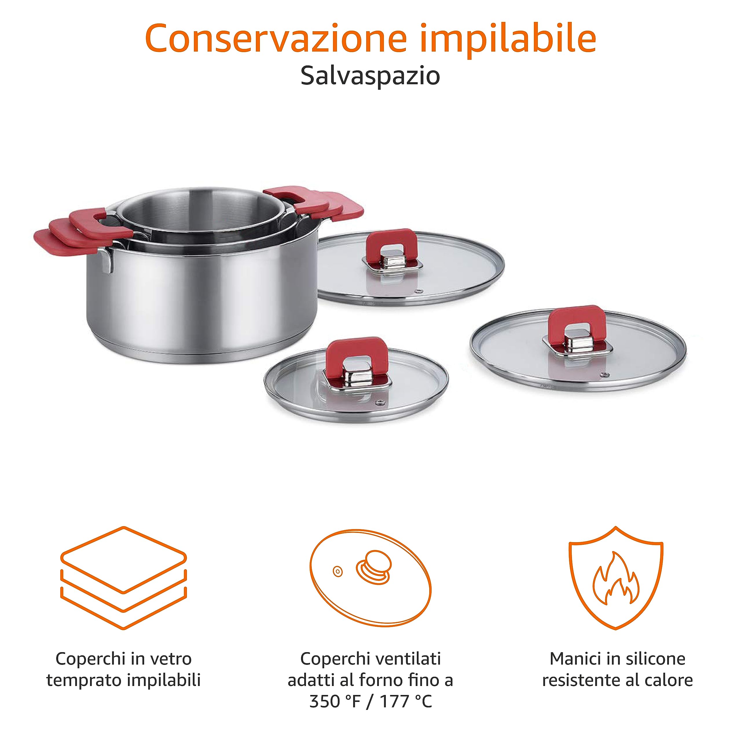 Amazon Basics 3 unità Batteria di Pentole a Induzione,16/20/24 cm, Acciaio inossidabile