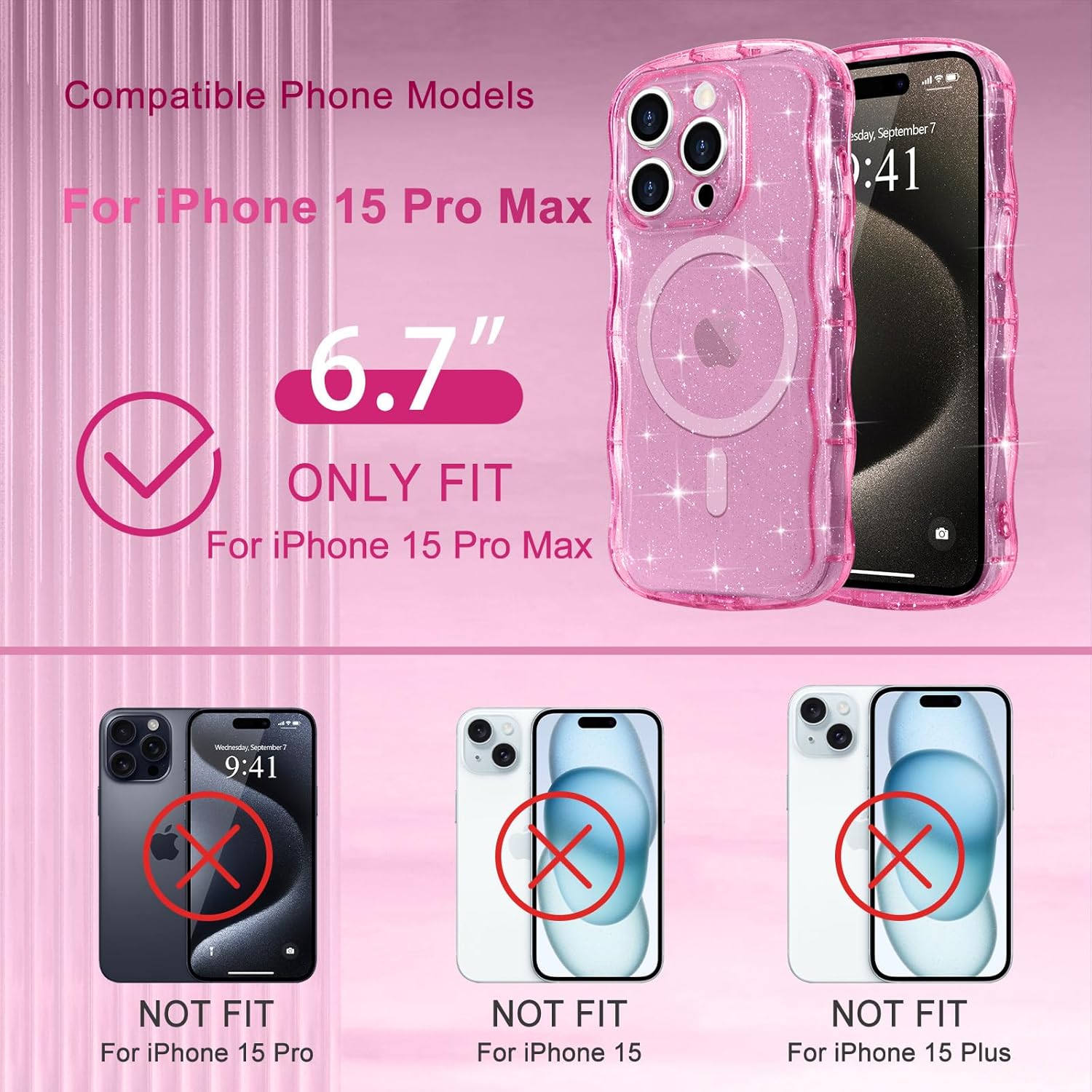Magnetic for iPhone 15 Pro Max Case Clear, Sparkly Bling Glitter Cute Curly Wave Bumper Cover for Women Girls Compatible with MagSafe TPU Shockproof Phone Case for iPhone 15 Pro Max, Hot Pink - Image 2