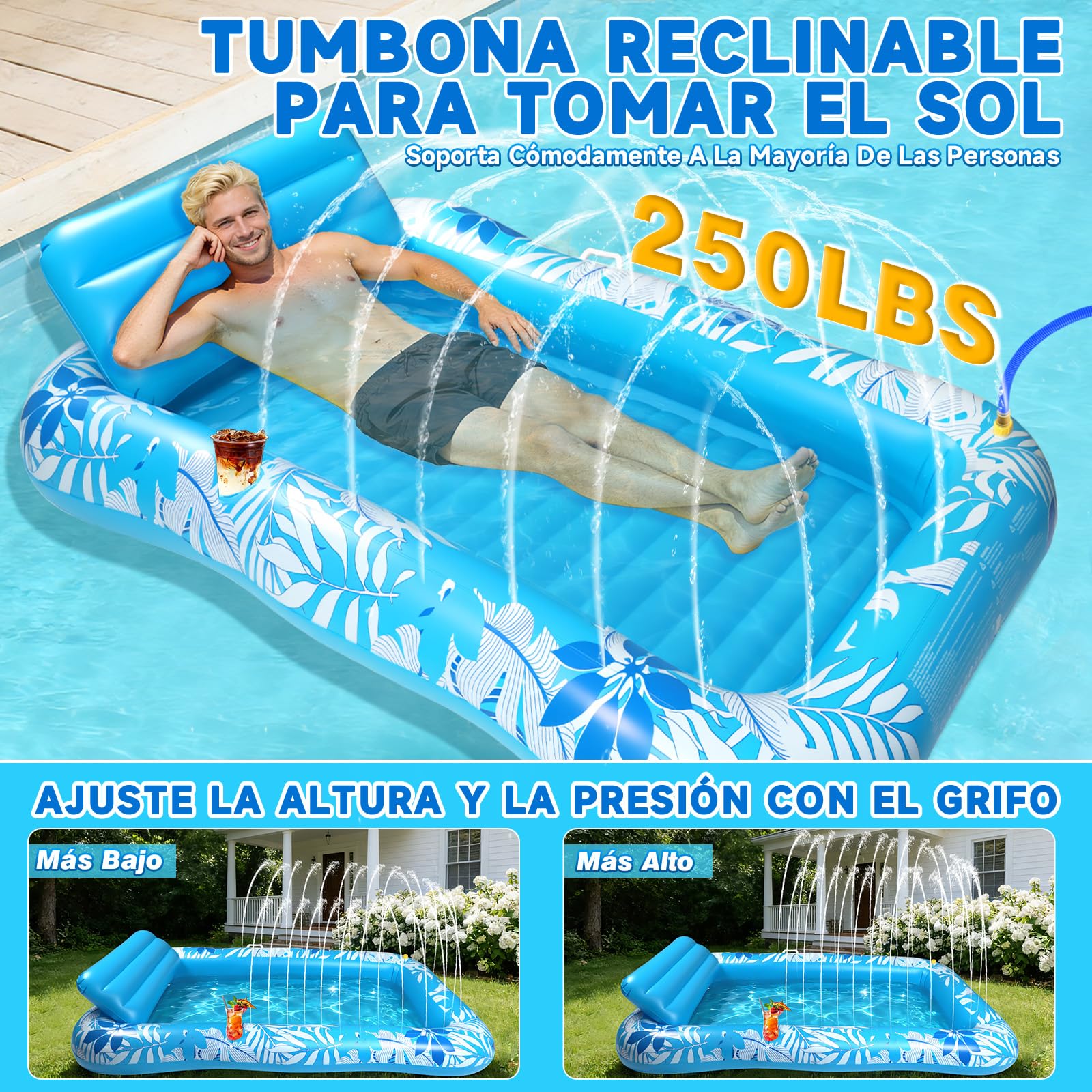Colchonetas Piscina Adultos, Flotador Inflable Piscina Aspersor 210 × 130 cm, Colchoneta Hinchable Piscina - Cojines & Posavasos, Tanning Pool Piscina, Jardín, Césped, Playa