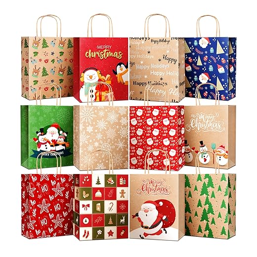 DeckTheHalls 24 Pack Christmas Gift Bags with 12 Stylish Prints, Christmas Tote Bags with Sturdy Handle, Reusable Xmas Kraft Gift Bags for Holiday Gifts, Party Favors, Ideal for Wrapping Gifts
