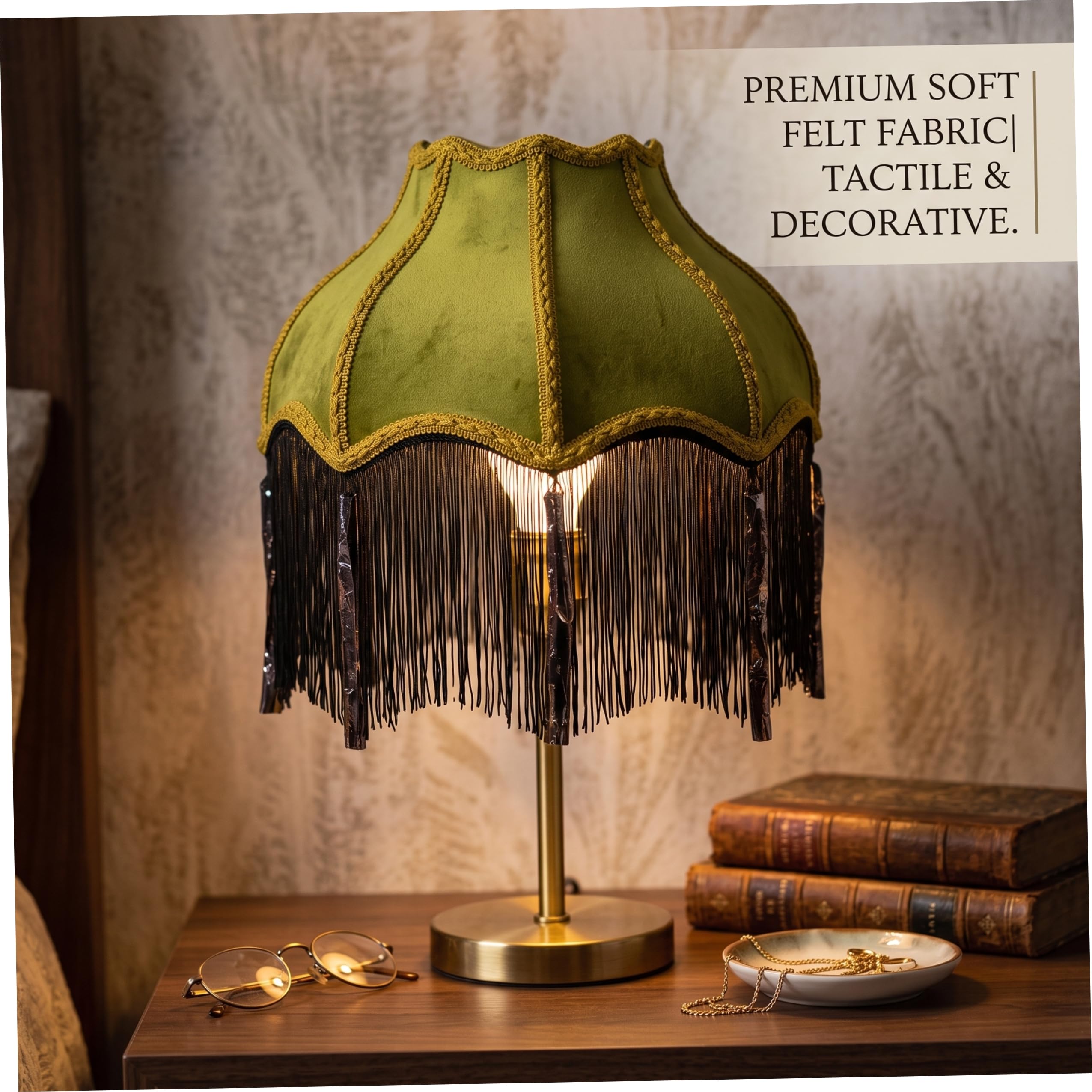 Viktorianischer Lampenschirm mit Quaste, Vintage-Lampenschirm mit Wellenschliff für Tischlampe, Grün