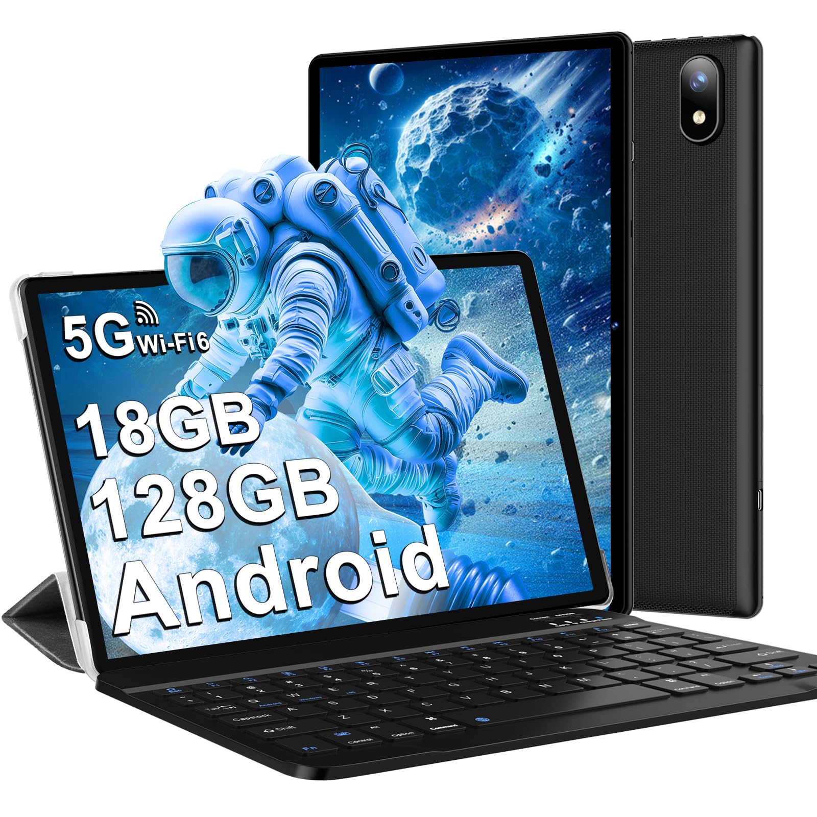 DMOAO Android 14 Tablet 10 Pollici con 18GB RAM + 128GB ROM(TF 1TB), HD con 5G Wi-Fi 6, Widevine L1, Octa-Core 1.8 GHz, USB-C, BT 5.0, 6000mAh, con Tastiera + Mouse, Nero