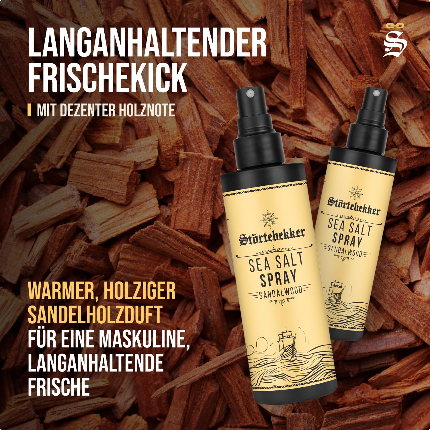 Störtebekker® Premium Sea Salt Spray Sandelholz – Salzwasserspray mit natürlichem Meersalz für Volumen, Glanz & flexiblen Halt – vegan, ohne Silikone & Parabene (200 ml) - Texture Spray Haare