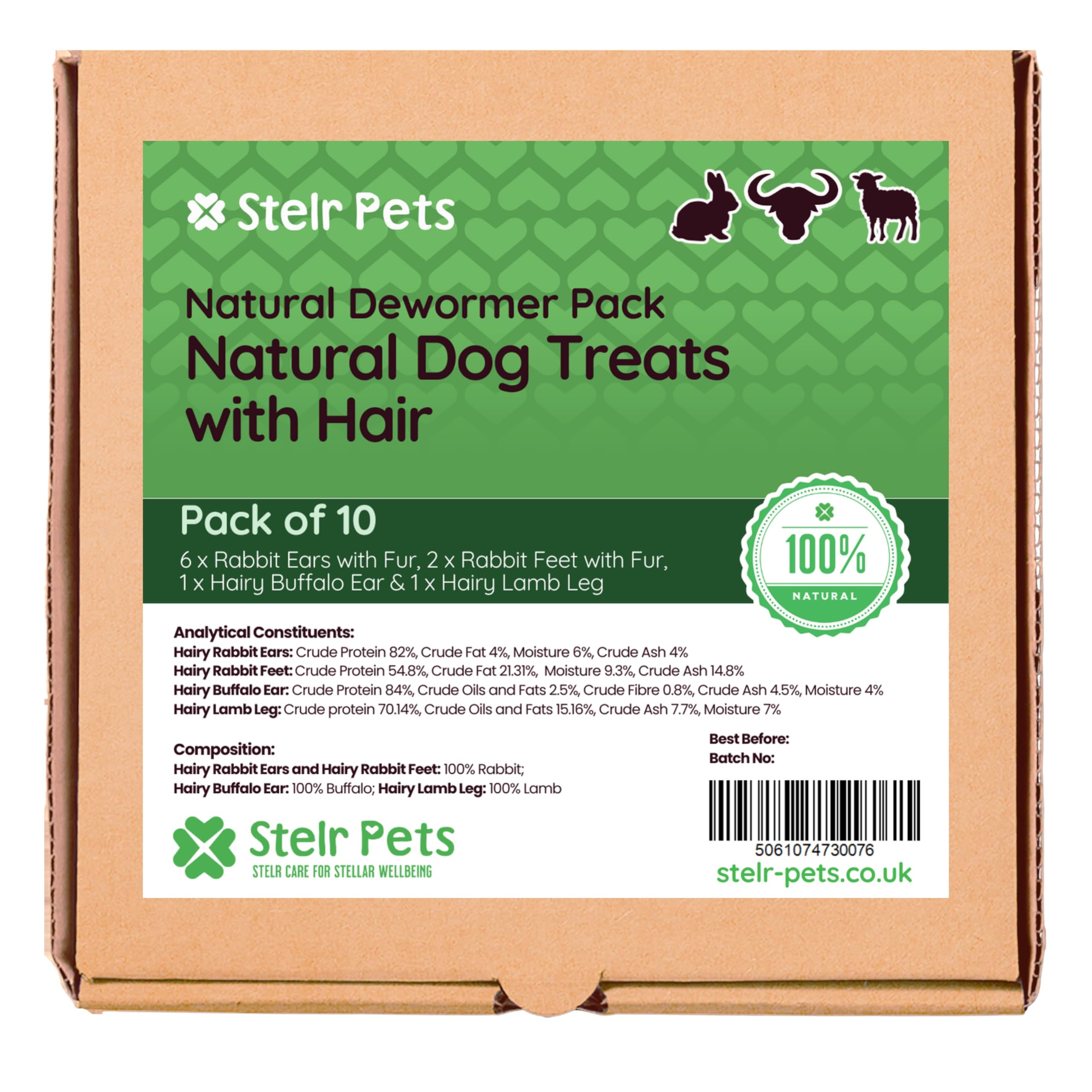 Natural Dog Treats with Hair - Natural Dog Dewormer Pack containing Rabbit Ears with Fur for Dogs, Lamb Leg, Buffalo Ear and Rabbit Feet (Pack of 10)