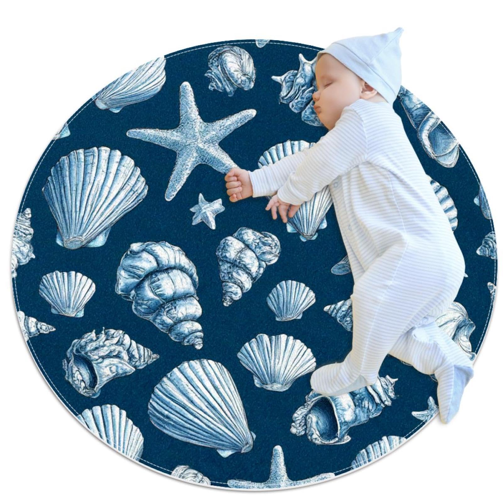 Tapis de sol antidérapant rond 1m motif coquillages pour chambre et salle de bain
