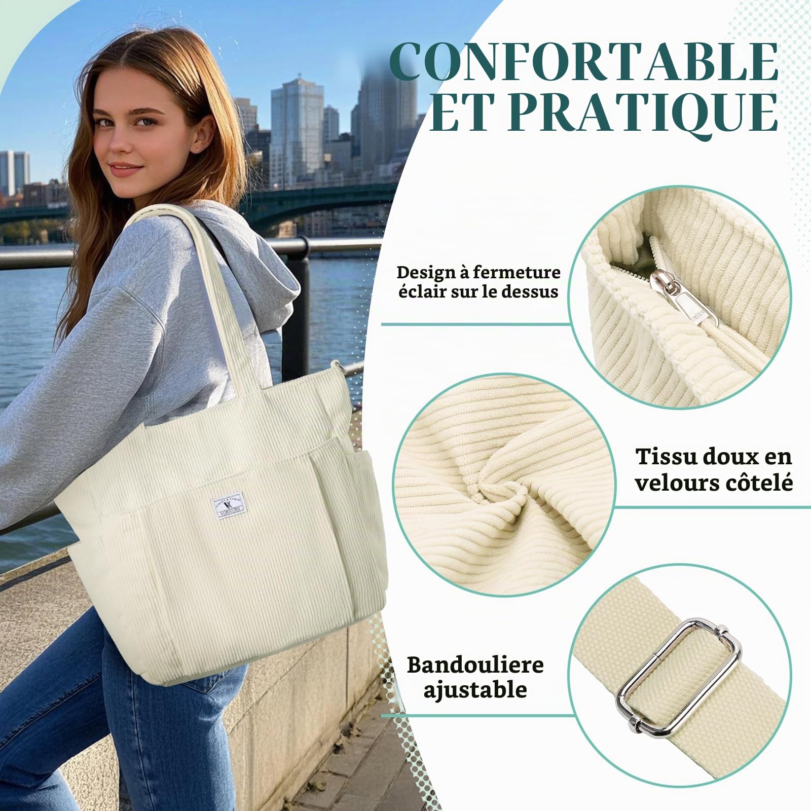 VX VONXURY Sac Cabas Femme Velours Côtelé Sac a Main Femme avec Multi-Poches Sac Bandoulière avec Sangle Réglable pour Travail Voyage Université