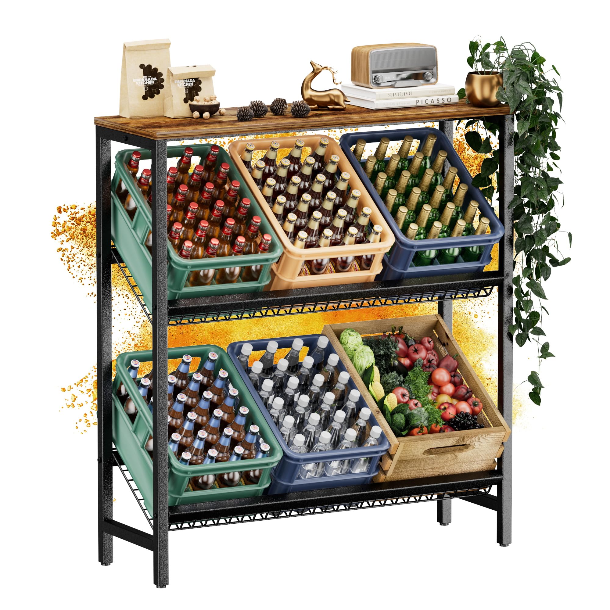 HFHOME Getränkeregal für 6 Kisten mit verstellbarem Gitterhalter, Stabiler Metall Ständer Getränkekisten, Freistehend Kistenständer für Küche Keller Garage, Bierkistenregal Rustikales Braun