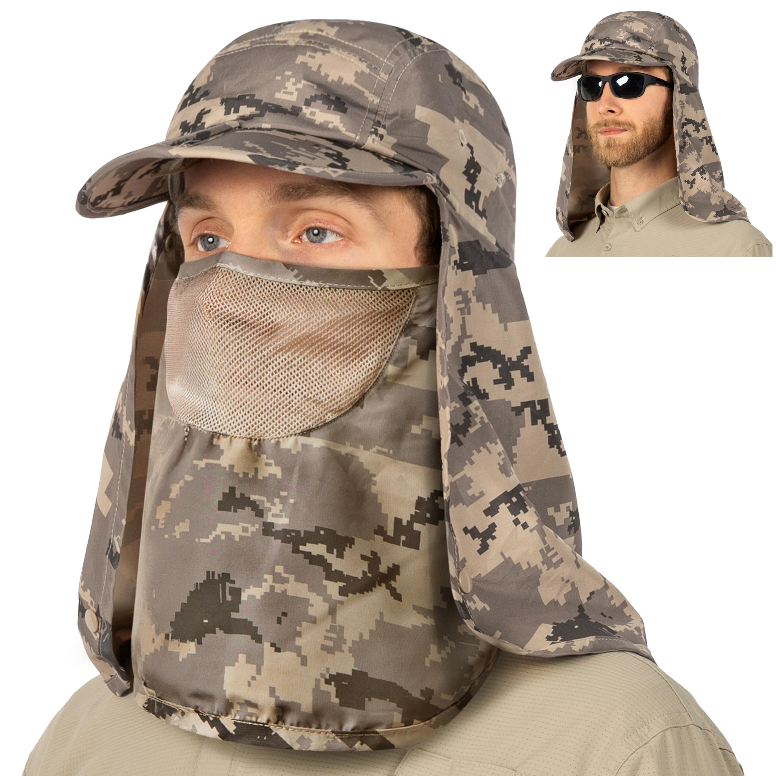 SUN CUBE Fishing Sun Hat with Neck Flap & Face Cover, UPF50+ Wide Brim UV Protection Cap for Men Women, Hiking, Outdoor Work