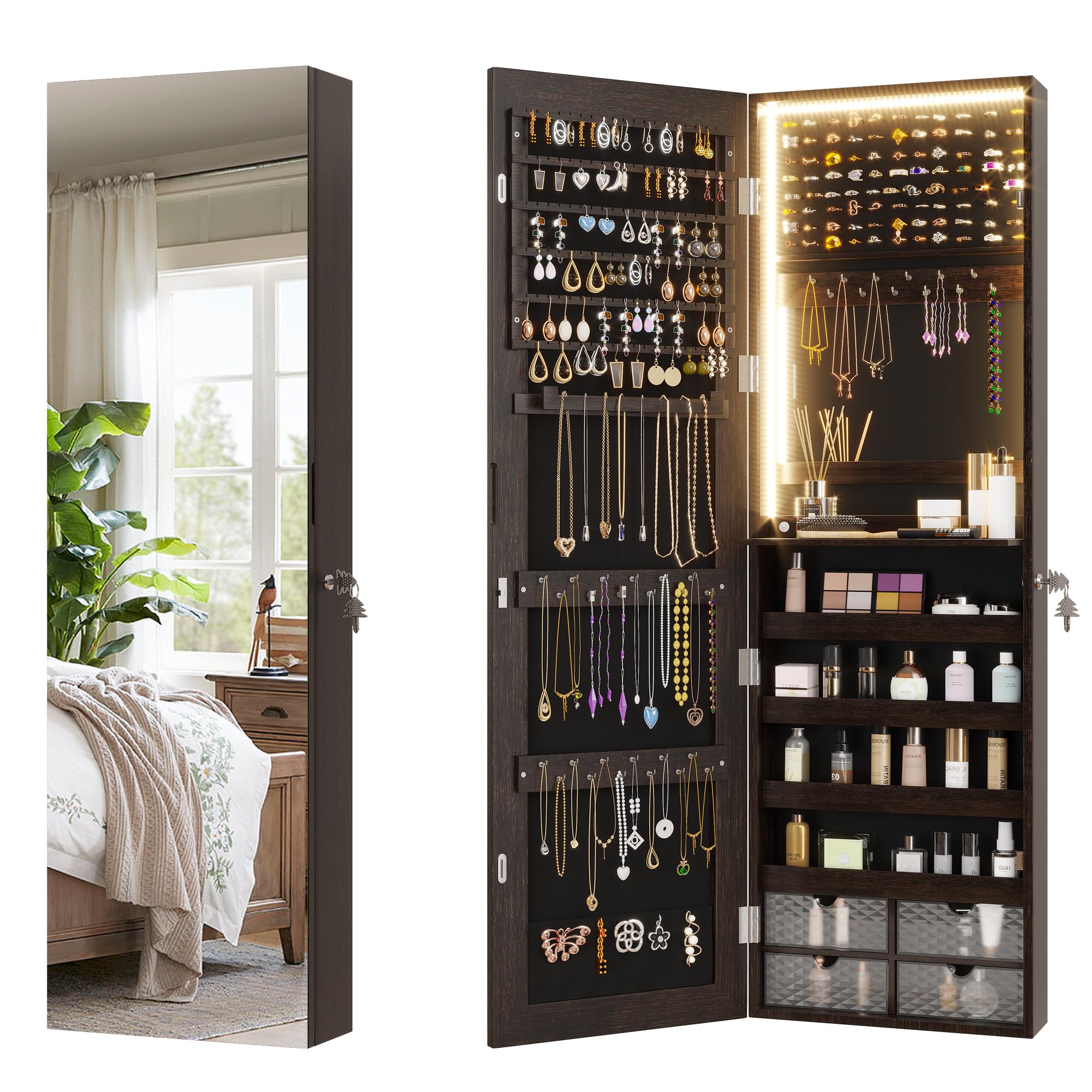 Vlsrka 47.2" LED Jewelry Mirror Cabinet, Wall/Door Mounted Jewelry Armoire Organizer with Full Length Mirror, Hanging Storage Cabinet with 4 Drawers, 5 Shelves, Built-in Lighted Mirror (Dark Brown)