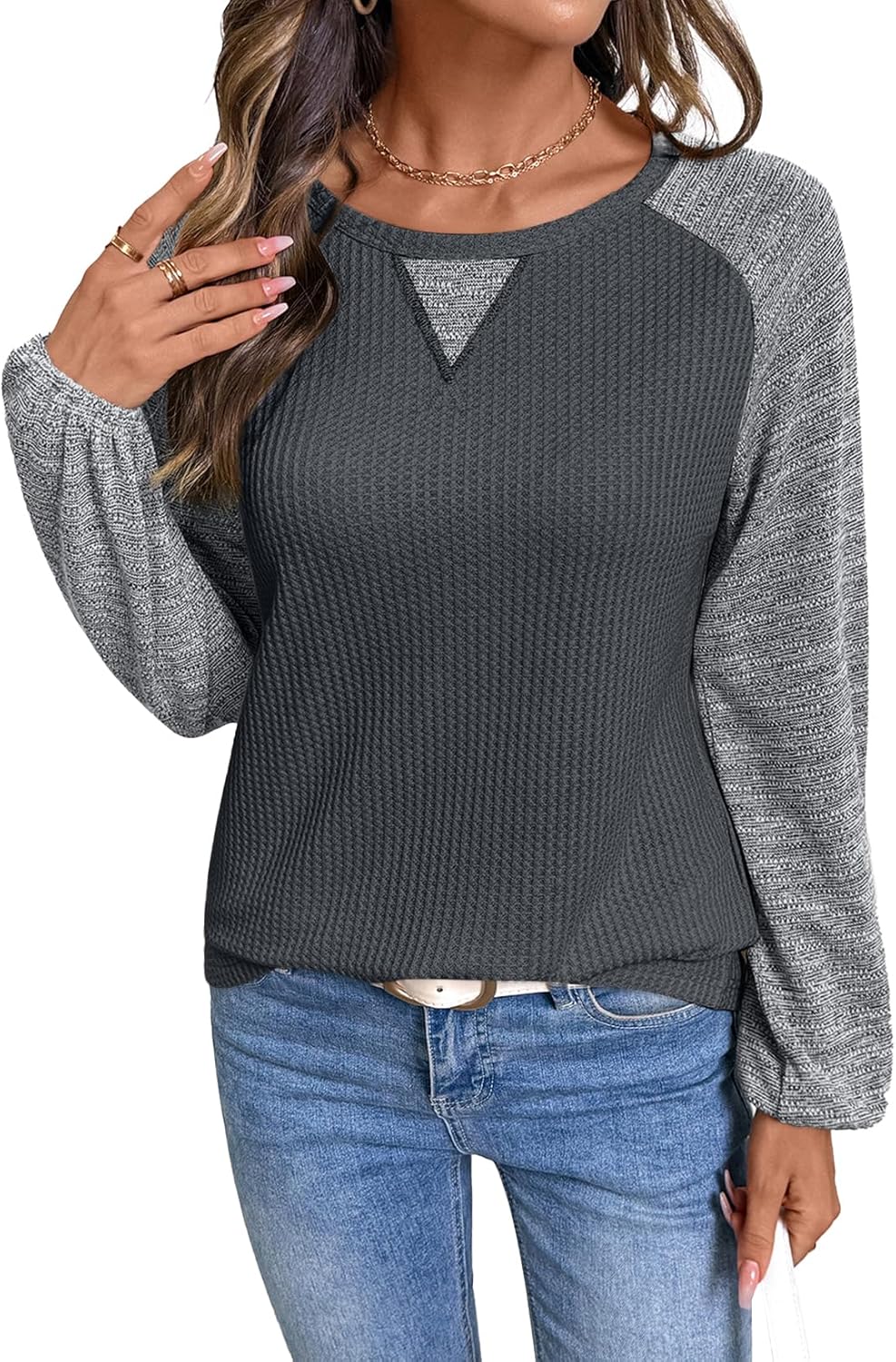 SHEWIN Womens Waffle Knit Tops Casual Crewneck Contrast Long Sleeve Shirts Loose Blouses Pullover Tunic Top