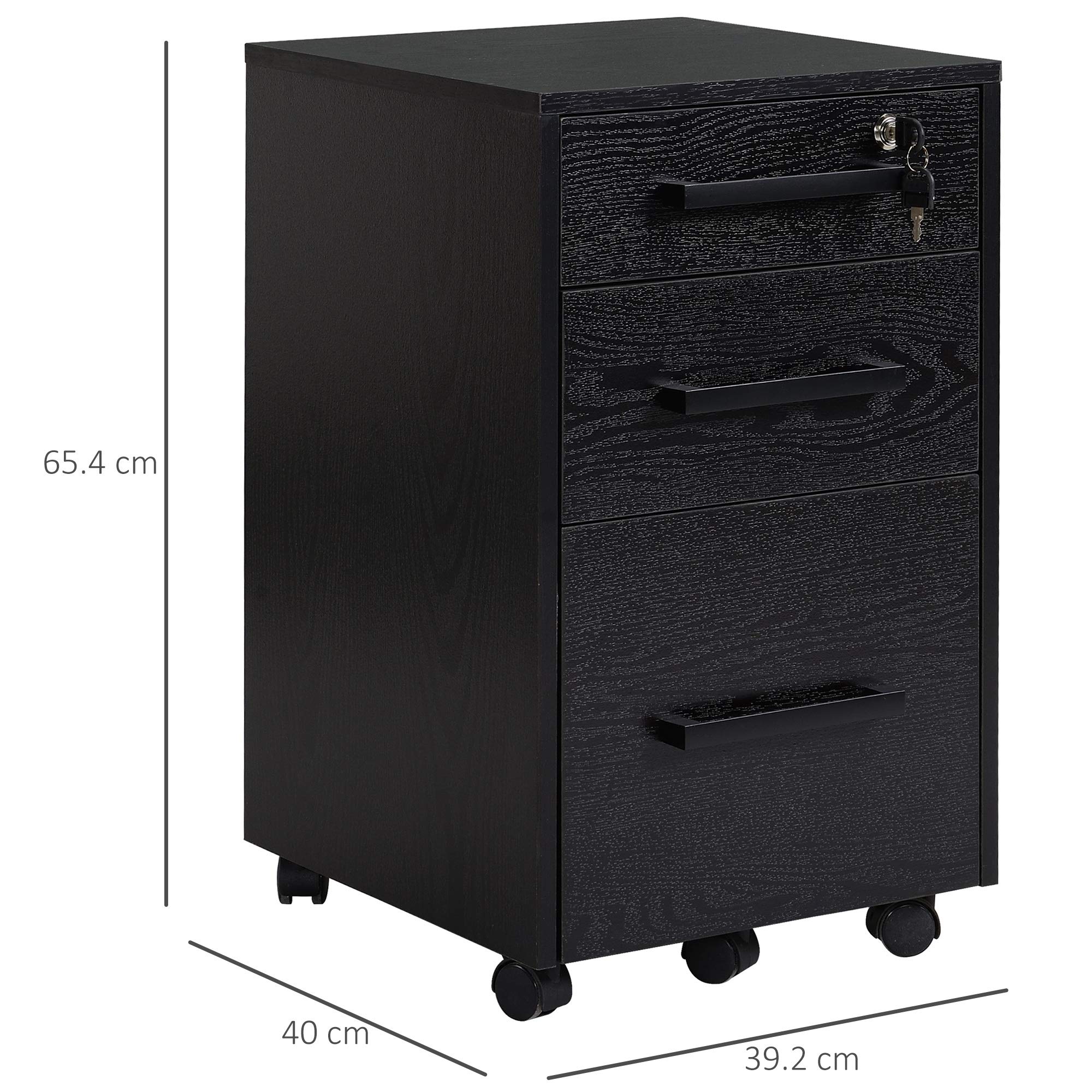 HOMCOM Cassettiera Portadocumenti da Ufficio Schedario con 3 Cassetti e Serratura, in Legno, Nero, 39.2 x 40 x 65.4cm