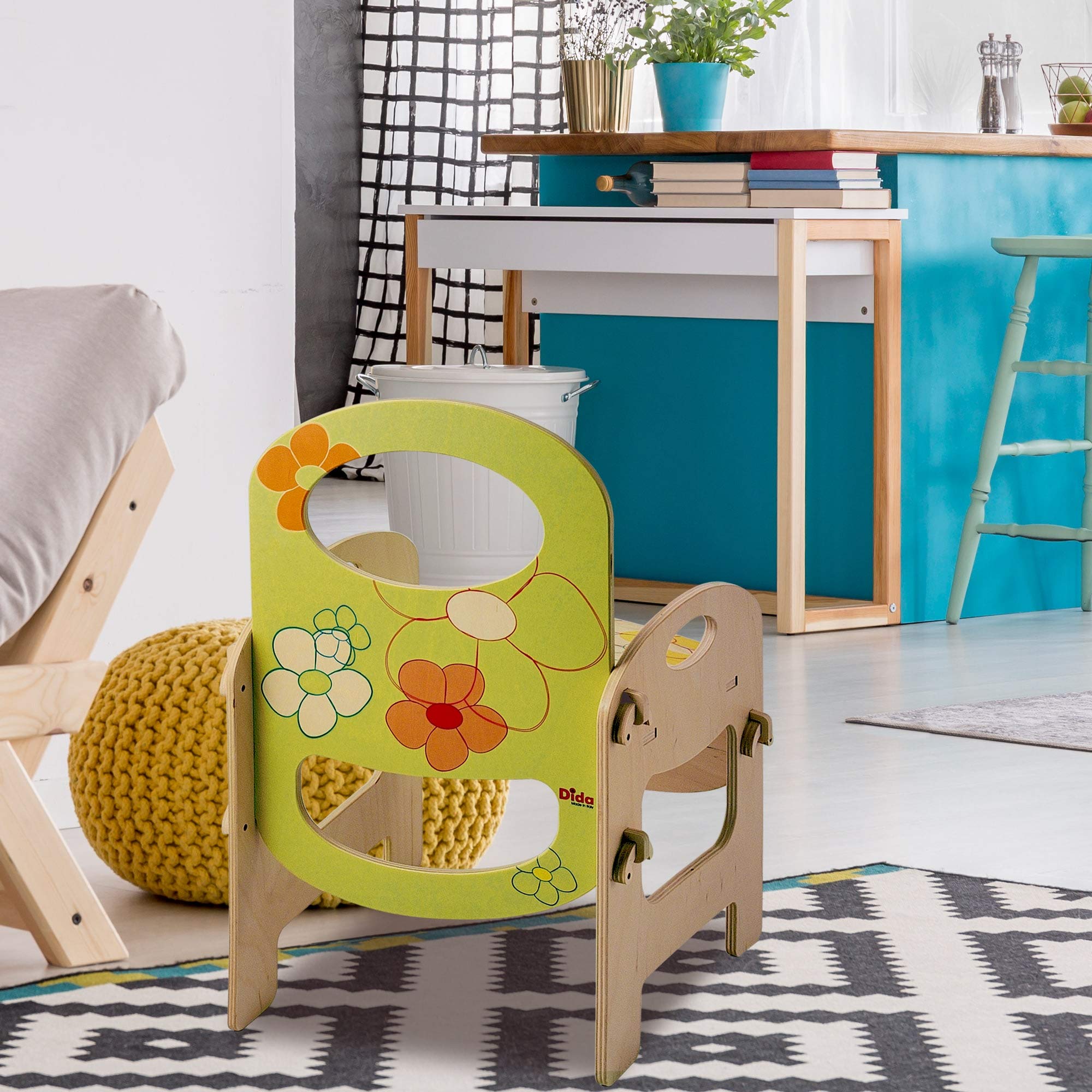 Dida - Stuhl Blumen, Montessori-Holzstuhl für Kinder im Alter von 2 bis 4 Jahren, Ideal für Kinderzimmer, Kindergärten und Spielbereiche, Elegantes, Farbiges und Sicheres Design