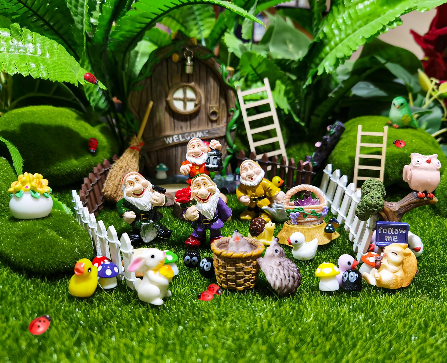 Gnomes Fairy Garden Accessories 50 Pieces Miniature Figurines Gnome Decorations, Mini Resin Animals Terrarium Decor, DIY Micro Landscape Ornaments Gnome House for Patio Yard Lawn Outdoor Indoor Fence
