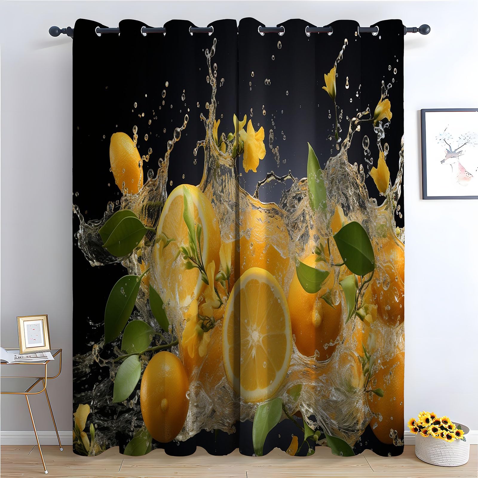 TERUEA Forest Scene Print Pattern Window Drapes for Bedroom Living Room Splashing lemon citrus blossom leaf dynamic fruit Night Sky Curtains,-52" W x 72" L (Pack of 2)