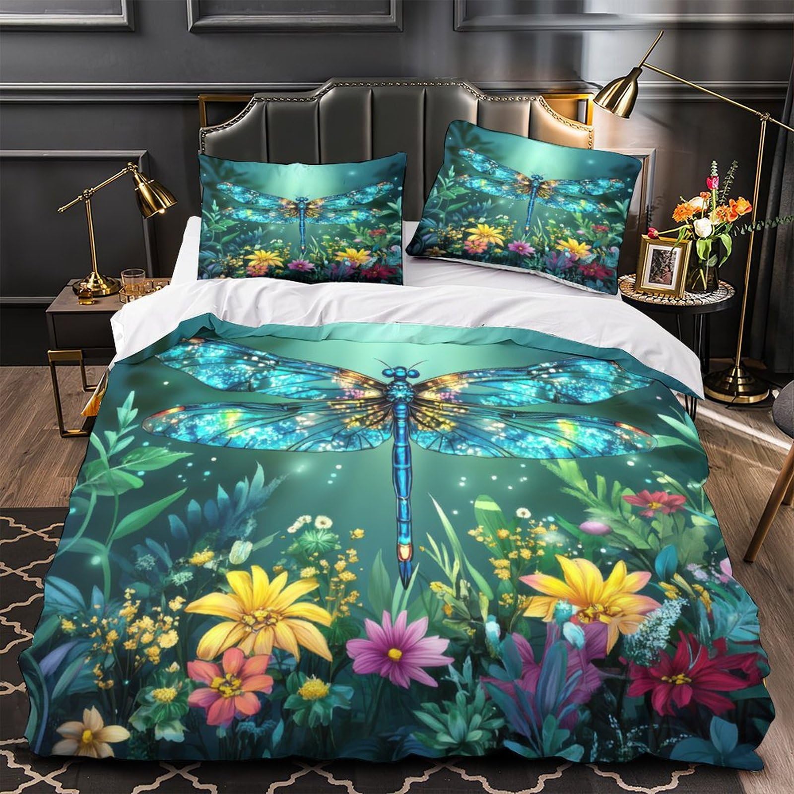 Parure de lit double 200x200 cm avec housse de couette libellule douce