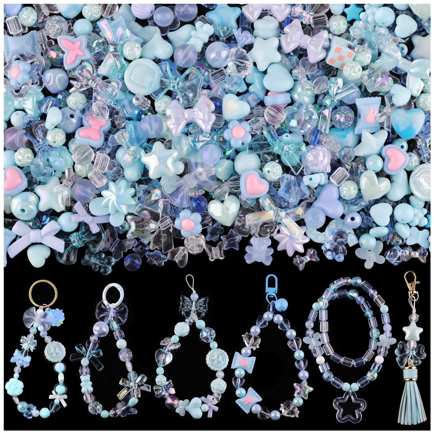 170-230PCS Blue Assorted Acrylic Beads for Bracelet Making, Flower Bow Butterfly Candy Star Heart GummyBear Aesthetic Bracelet Charms,Cute Beads for Jewelry Making DIY Necklace Keychain Phone Charms