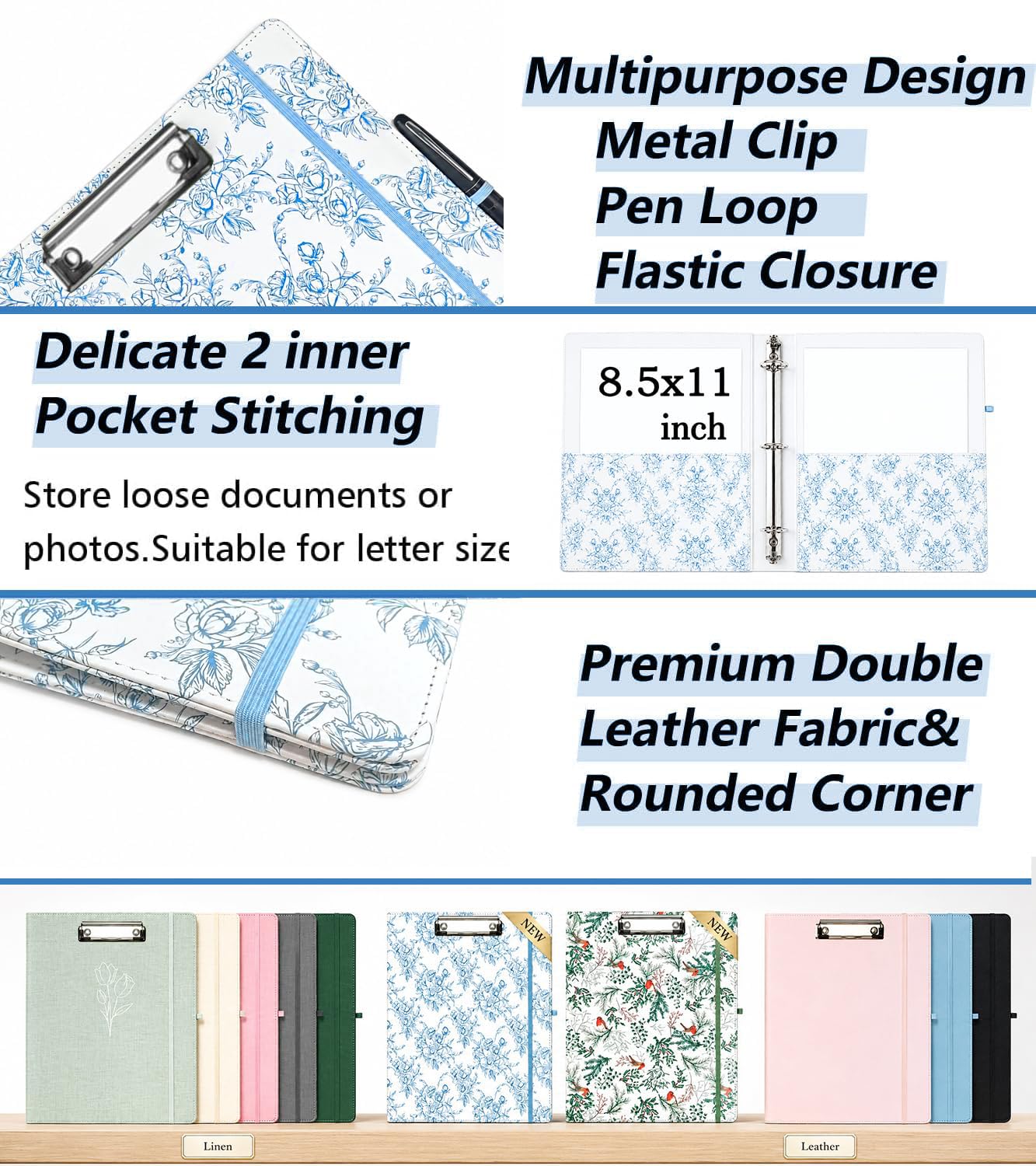 Classeur à 3 anneaux, classeur en cuir de 2,5 cm avec presse-papiers, intercalaires à 5 onglets, 18 intercalaires, dossier en plastique, porte-stylo (fleur bleue, format lettre)