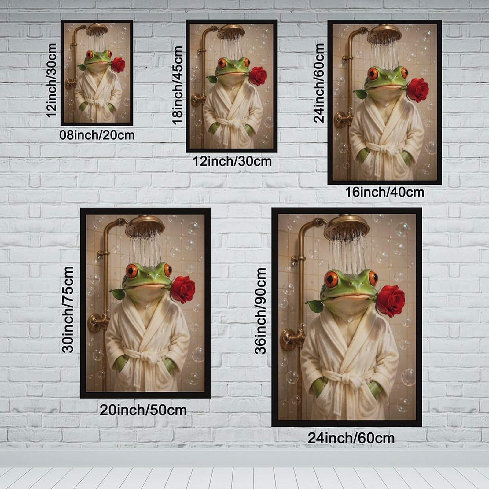 Lustiger grüner Frosch im Bademantel, Dusche mit roter Rose, Leinwand-Kunstposter, sprudelnd, skurriles Tierporträt, humorvolle Neuheit, Dekoration für Badezimmer, Toilette, Puderzimmer, schwarzer